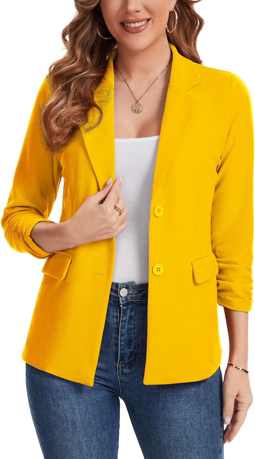 Women Blazers Jacket Notched Collar Suit Ruched 3/4 Sleeve Blazers Jackets Flap Pockets 2 Button Closure Outerwear Partial Lined Casual