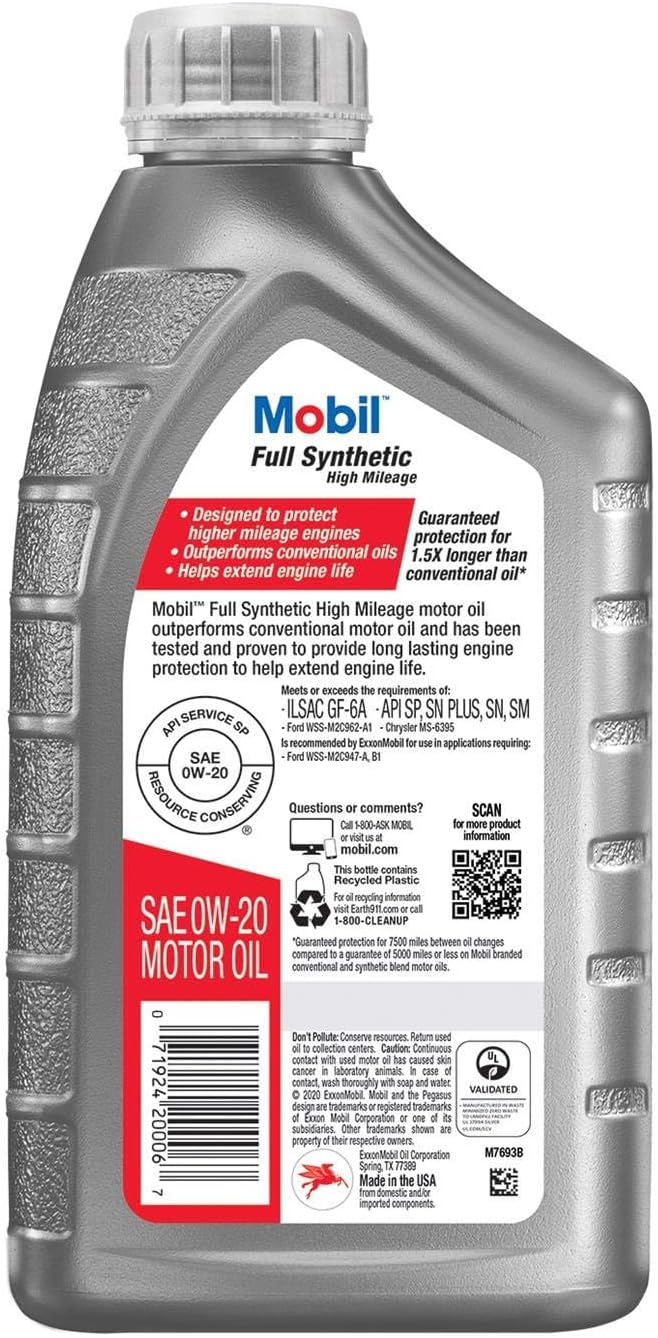 Mobil Full Synthetic High Mileage Motor Oil 0W-20, 1 Quart (6-pack) 4 71HBFNDas9L. AC SL1450