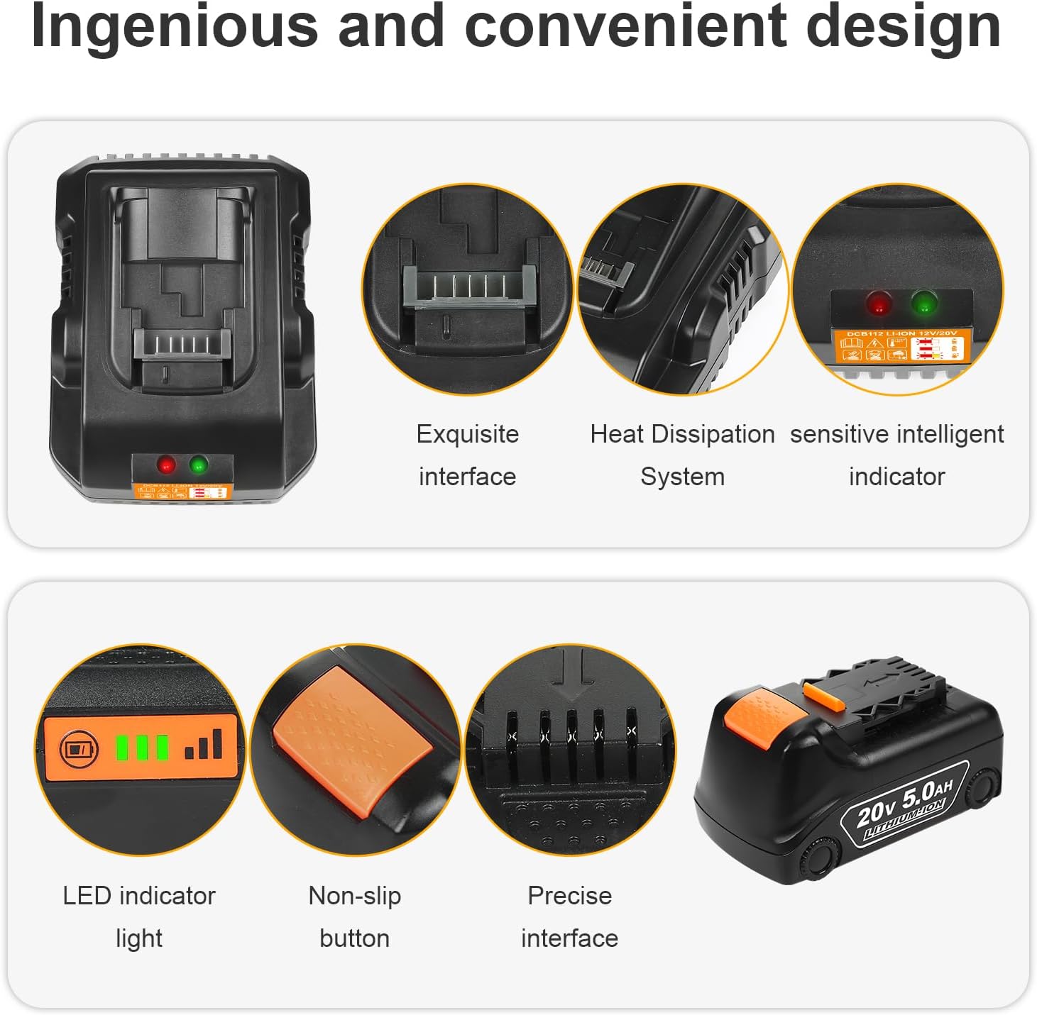 20v Max Battery Replacement for Dewalt Battery 5.0Ah with DCB112 Battery Charger Station for DCB200 DCB120 Black - Image 3