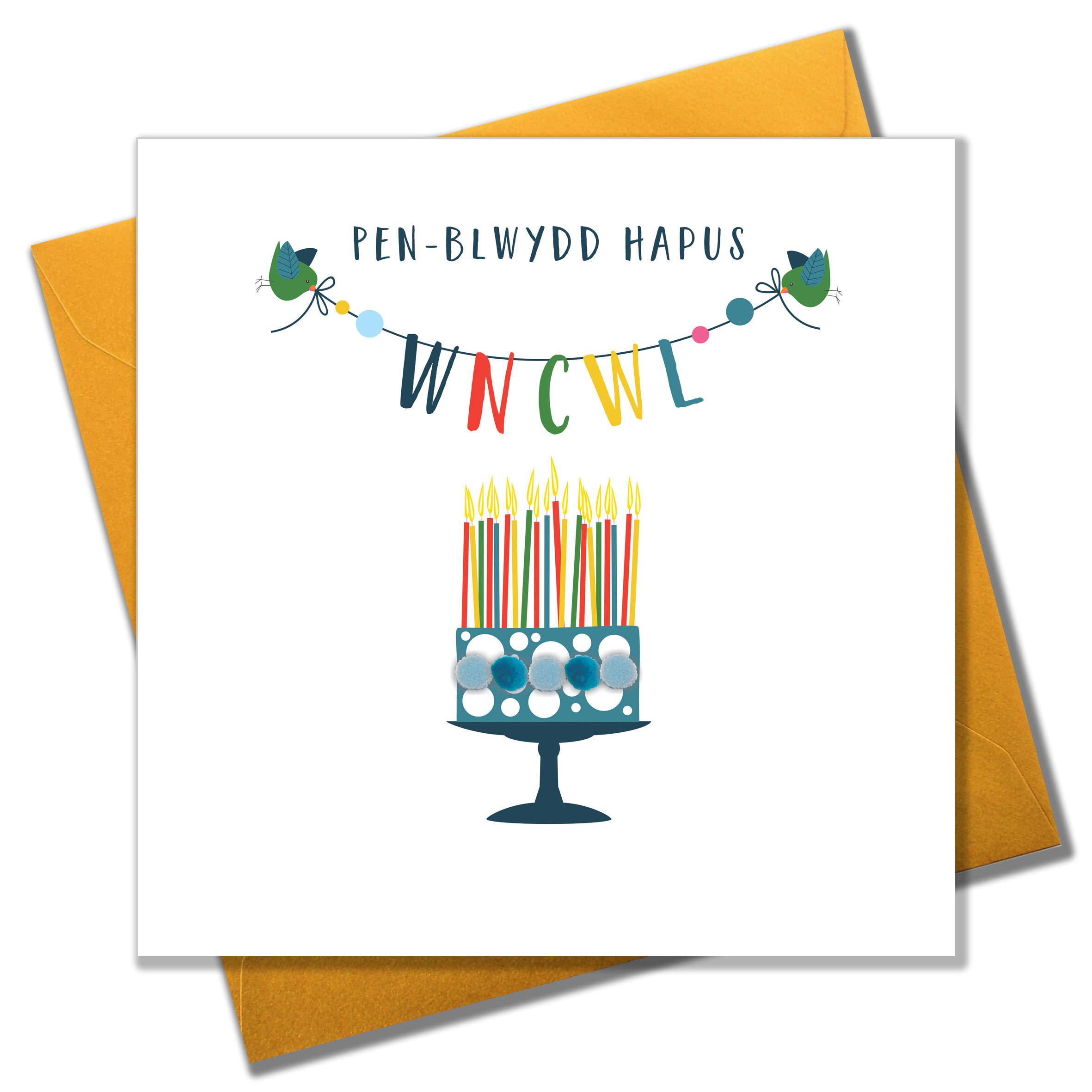 Claire Giles Greeting Cards, Welsh Happy Birthday Uncle Card, Penblwydd Hapus Wncwl, Cake design Birthday Greeting Card, Pompom Embellished