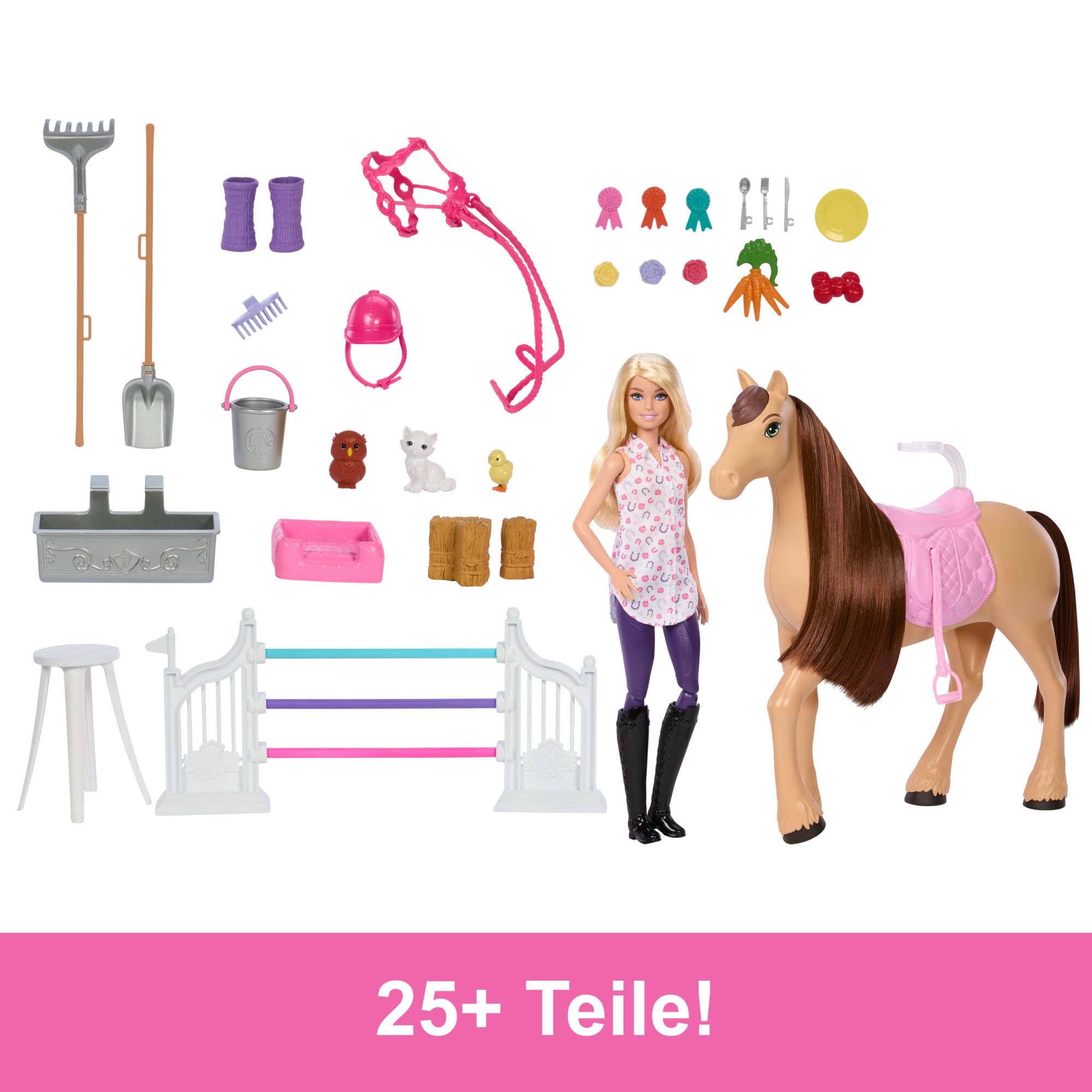 Barbie Spielzeugstall-Spielset mit Puppe, Pferd und Zubehör, mehr als 25 Teile mit 6 Spielbereichen, inspiriert von Barbie Mysteries: Das geheimnisvolle Pferdeabenteuer“, JDN43