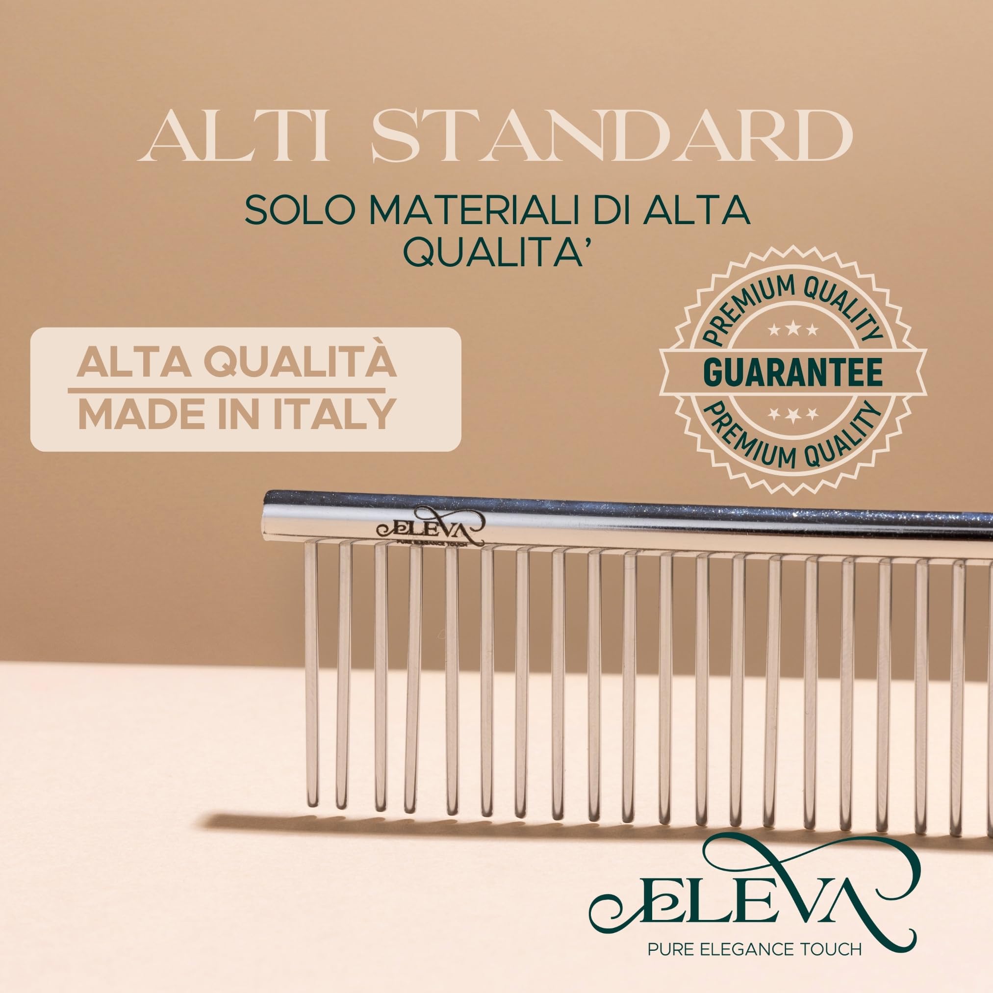 ELEVA PET - Pettine per Cani in Acciaio - Denti Larghi e Stretti - Toelettatura Professionale - Rimuove Nodi e Residui - Ideale per Pelo Lungo e Corto - Mantiene il Manto Pulito e Sano - Made in Italy