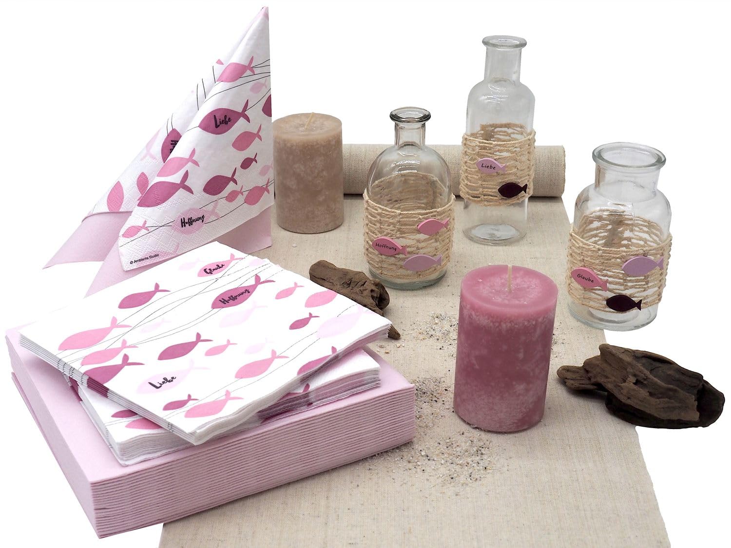 ZauberDeko Tischdeko Kommunion Konfirmation Rosa Mauve Natur Vasen Streudeko Set 20 Personen