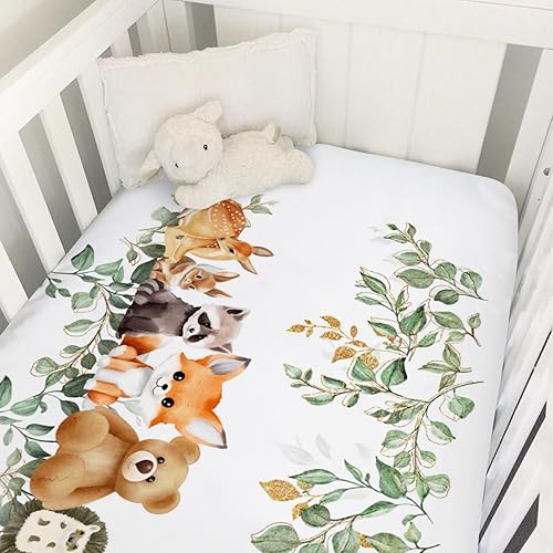 Miniatura 7 de Sábanas para cuna de bebé, diseño de animales del bosque, hojas de eucalipto, 52 x 28 pulgadas, oso, mapache, zorro, ciervo, conejo, erizo,