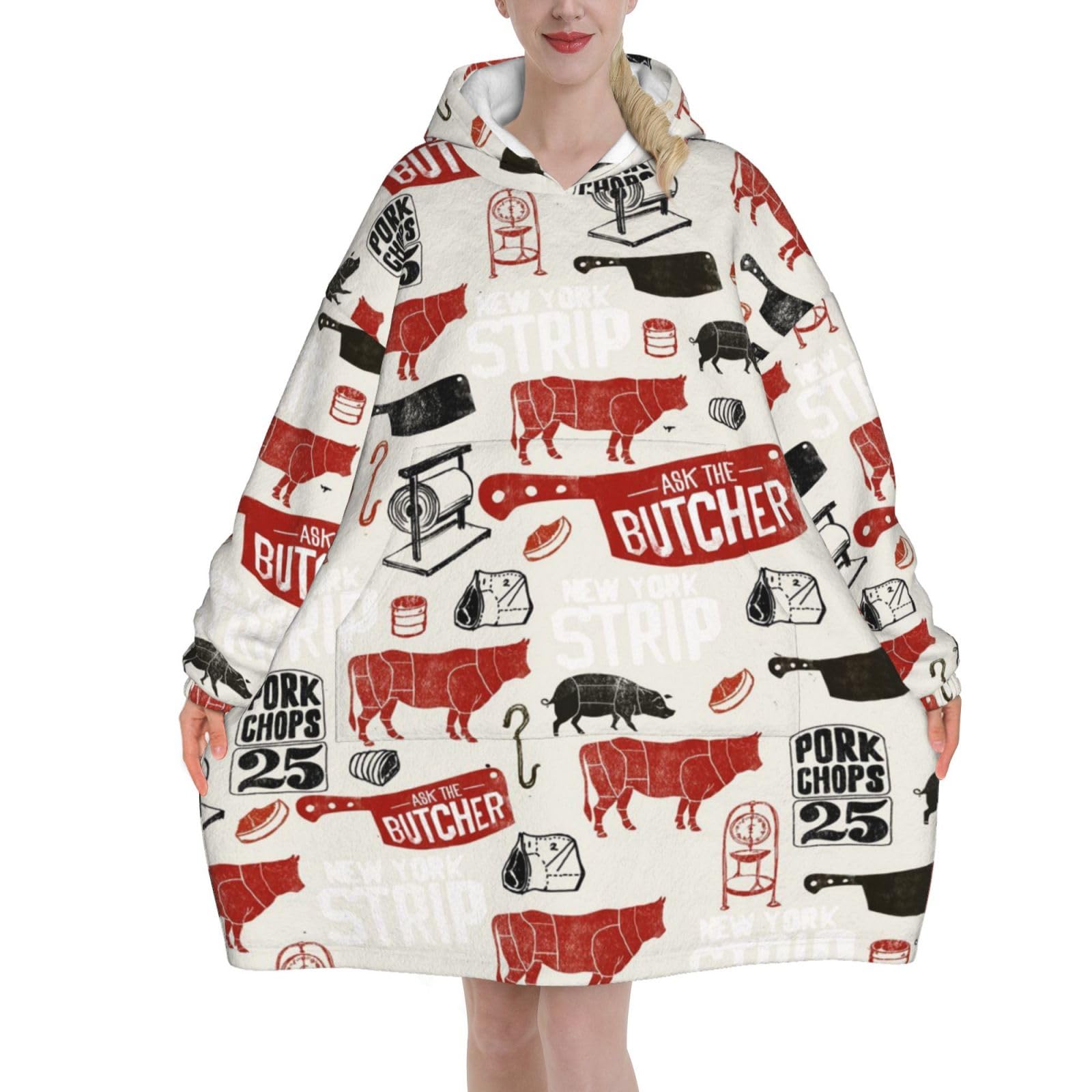 Poadnly Unisex As Picture Meat Butcher Pattern,Women's Oversized Wearable Blanket Hoodie, Blanket Sweatshirt,Flannel Pullover Blanket