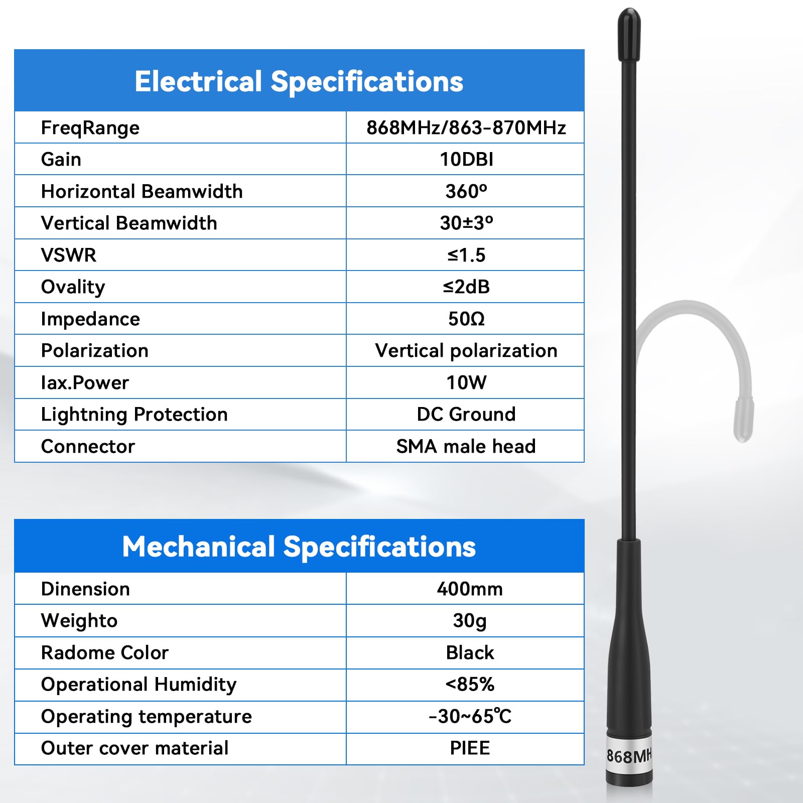 1 antenna LoRa da 868 MHz, guadagno 10dBi per antenna a frusta morbida a lungo raggio Meshtastic 40 cm Omni SMA maschio con cavo di prolunga nero