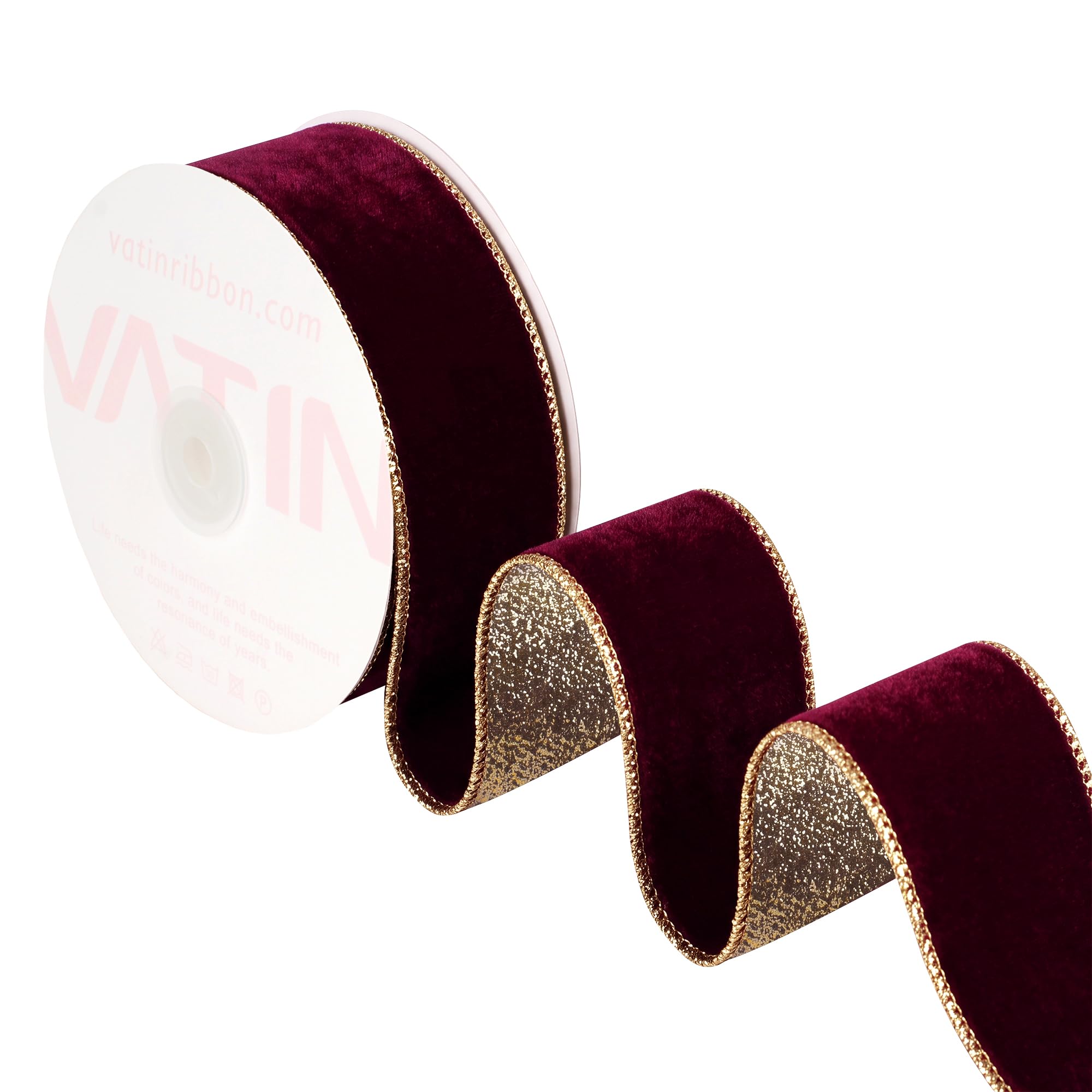 VATIN Burgundy Wired Velvet Ribbon, 38 MM x 9 M, Luxury Christmas Ribbon — image 1