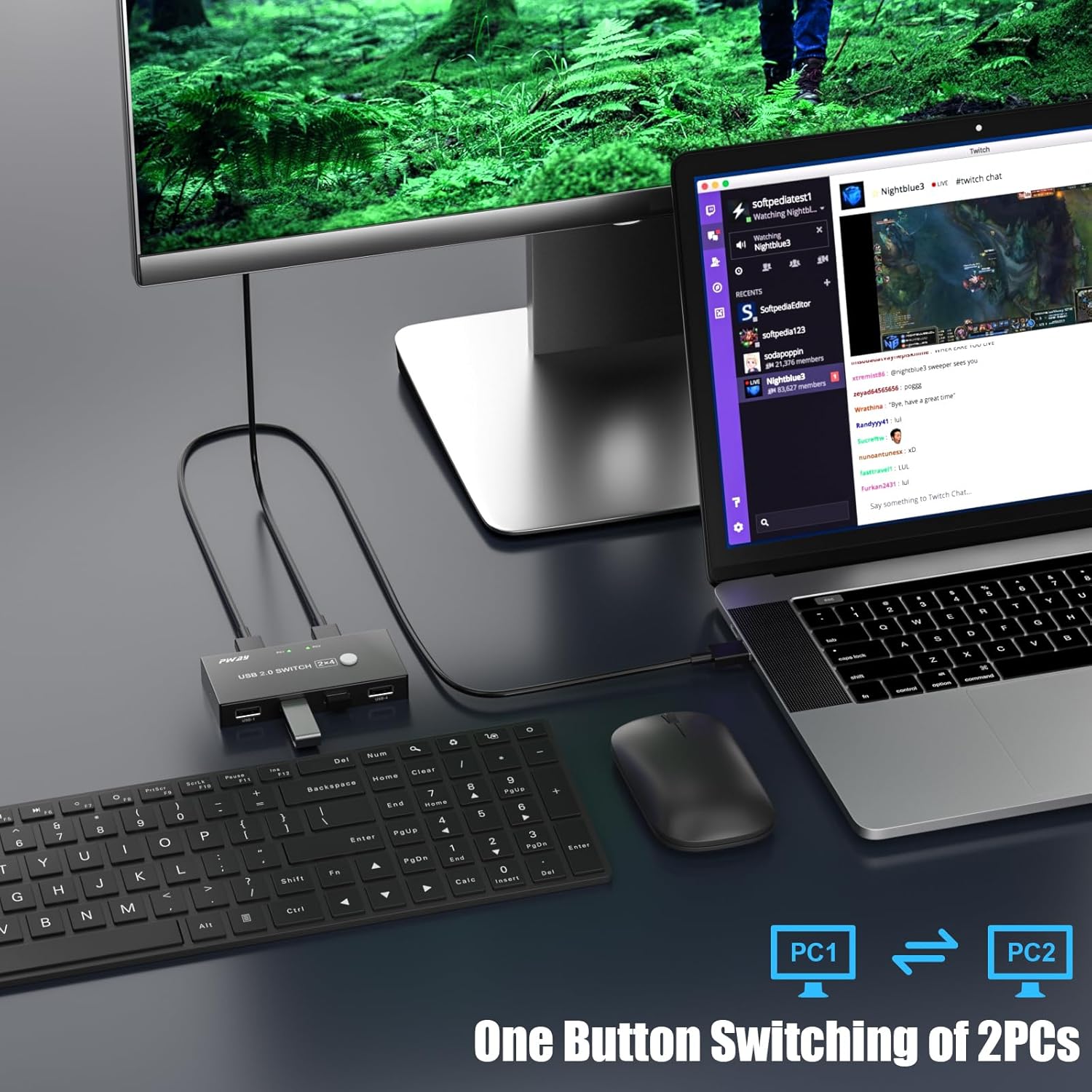 Person using the PWAY USB 2.0 Switch to switch between a laptop and a desktop setup.