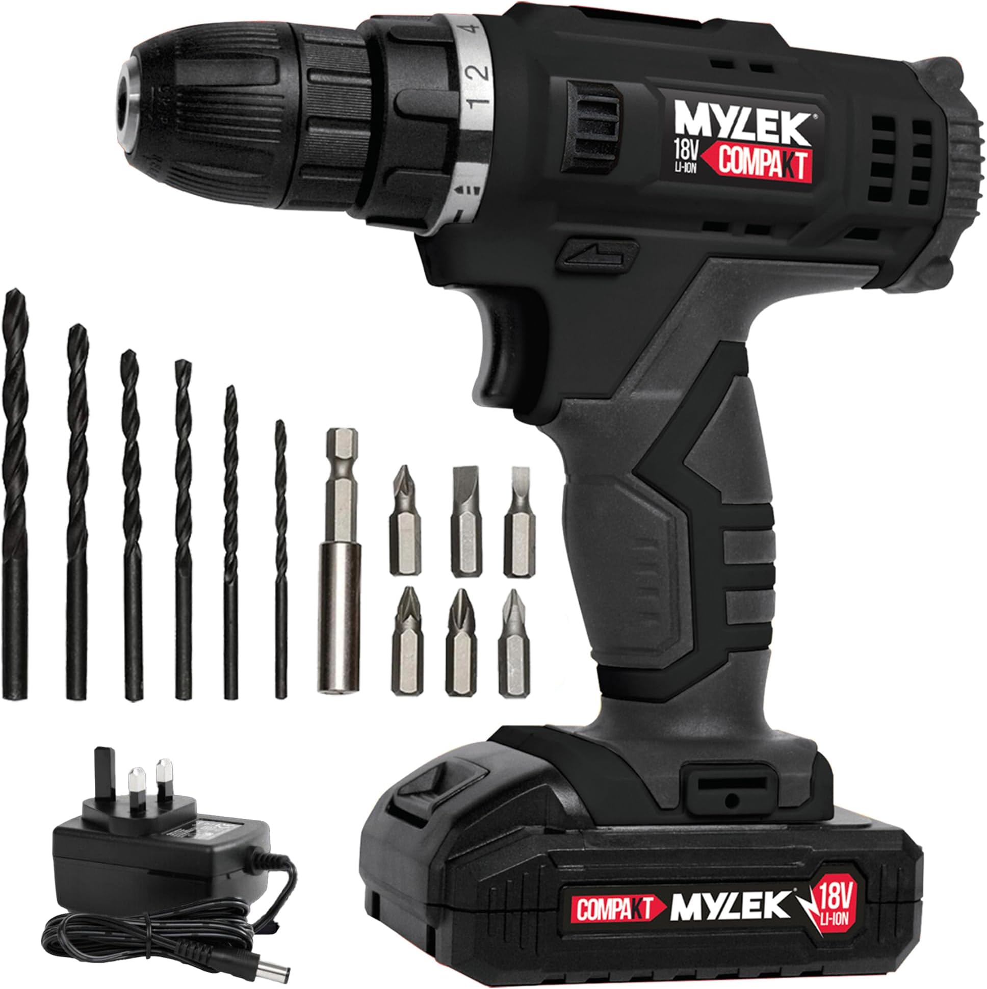 MYLEK MYW09 18V Cordless Drill Electric Screwdriver Set, Powerful Lithium Ion Battery Pack, 18 Volts Combi Driver, DIY Accessory Kit, Black