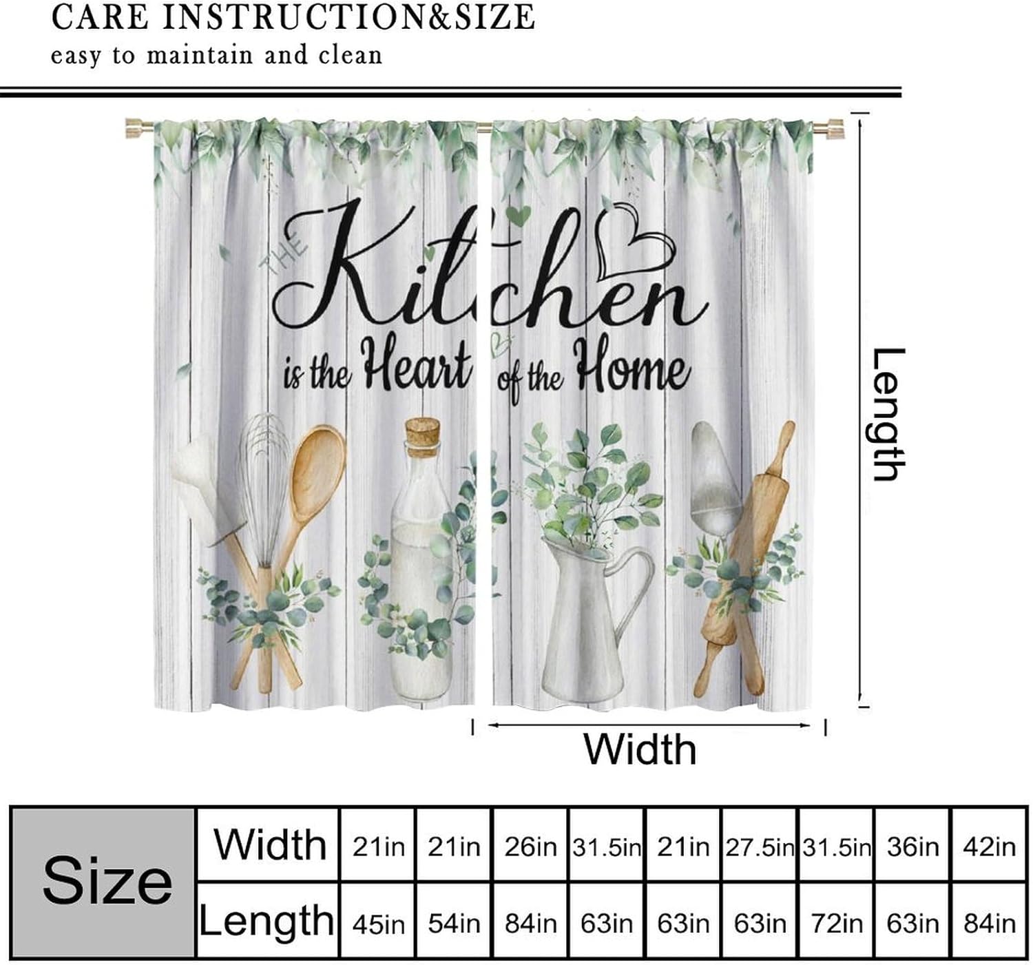 Rustic Eucalyptus Leaves Kitchen Curtains, Farmhouse Plants Country Botanical Wooden Board Nature Window Treatments for Bedroom Kitchen 2 Panels Baking Kitchenware Green Drapes 42x54 Inch