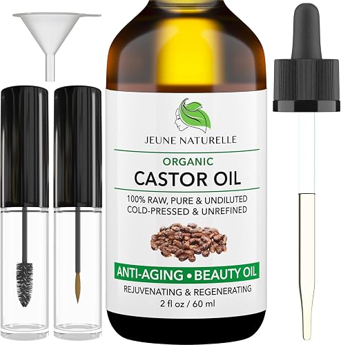 Jeune Naturelle Castor Oil Organic, Cold Pressed Unrefined - 100% Pure, Raw, Virgin, Undiluted for Hair Growth, for Face, Eyelashes, Eyebrows, Hexane Free Organic Castor Oil for Hair, 2 oz