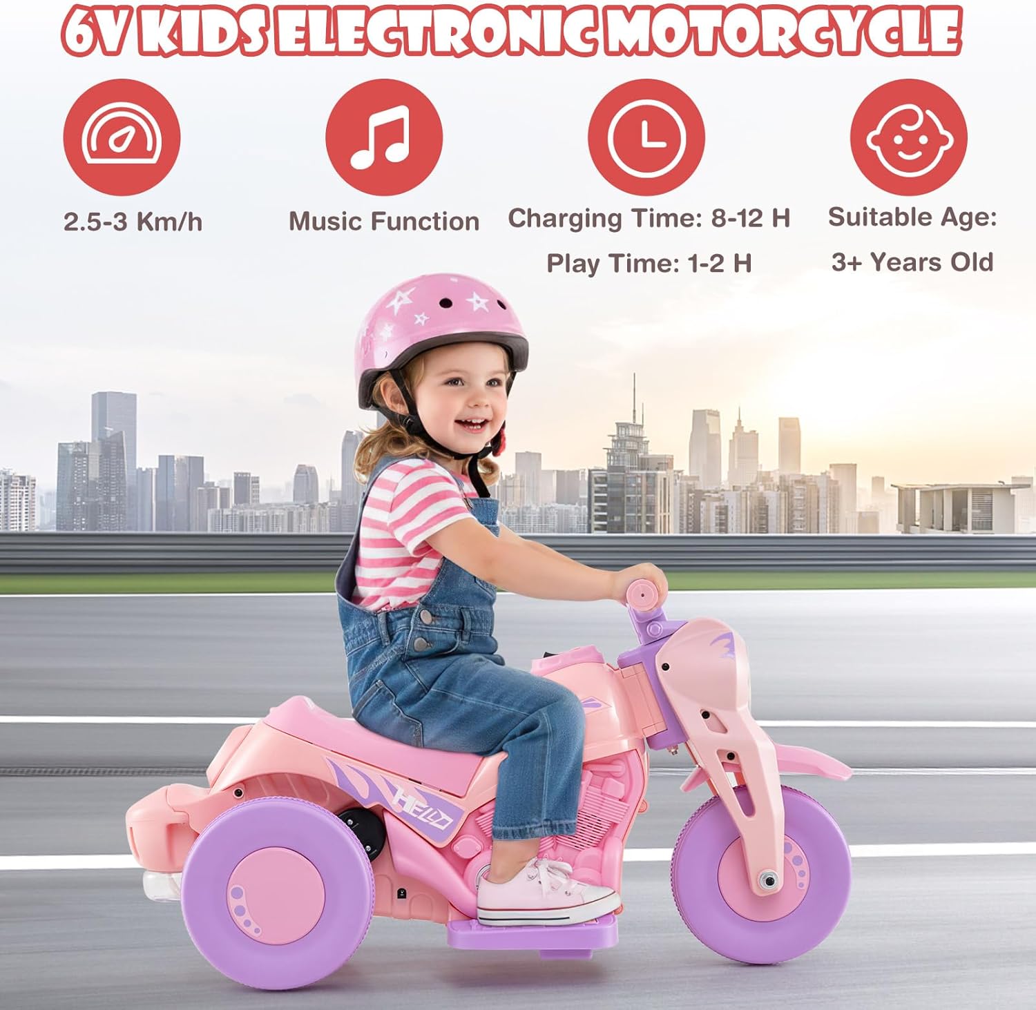 OLAKIDS Kids Motorcycle, 6V Electric Ride On Car with Automatic Bubble Function, Foot Pedal, Headlight, Music, 3 Anti-Skip Wheels Vehicle for Children, Toddler Ages 3+ (Violet)