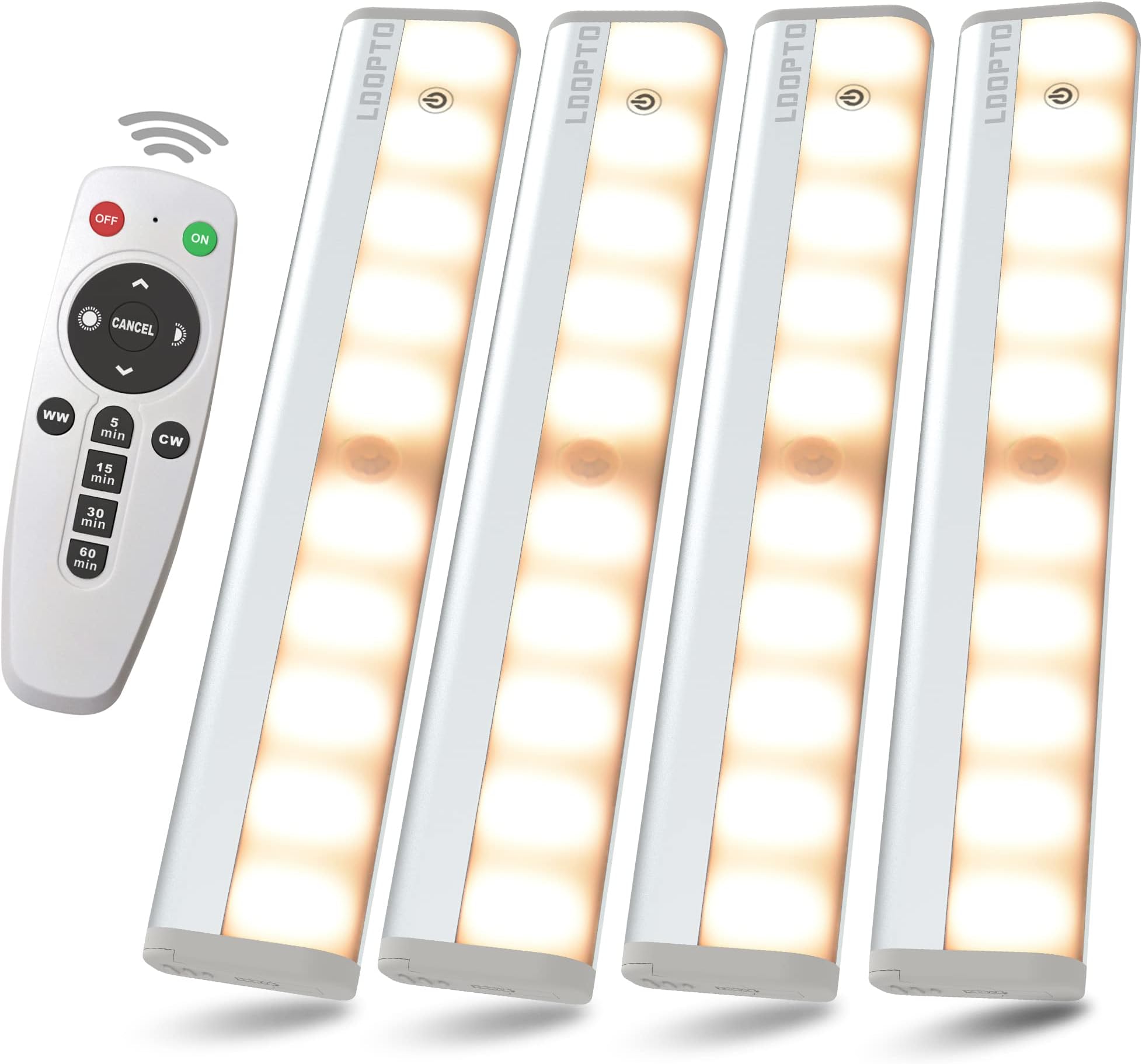 LDOPTO Under Cabinet Lights with Remote, Wireless LED Battery Operated Motion Sensor Light Indoor Stick-on Anywhere Counter Night Lights for Kitchen, Cabinet, Closet, Hallway Stairway 4 Pack