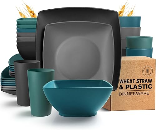 Teivio Juego de vajilla cuadrada de paja de trigo de plástico de 32 piezas para 8, platos llanos irrompibles, platos de ensalada, cuencos de