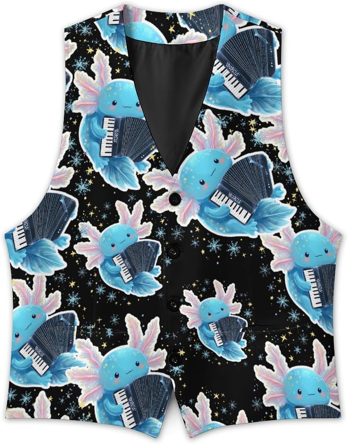 Axolotl Playing Accordion Suit Vest for Men Slim Fit Business Dress Waistcoat for Suits Tuxedo