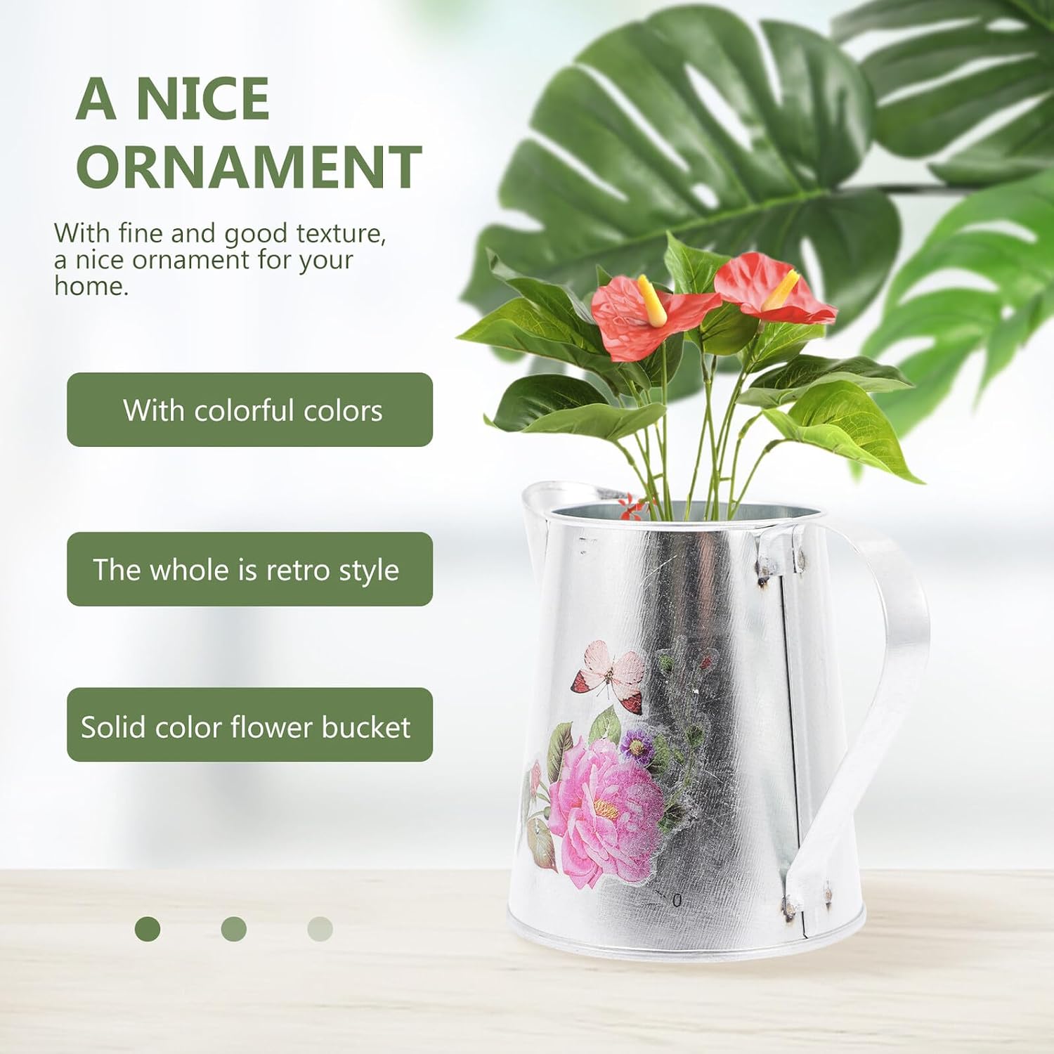 Rustic Metal Plant Bucket and Flower Arrangement Pitcher Vase with Pattern, Iron Floral Pot for Home Décor, Garden Display, and Indoor Outdoor Use Style