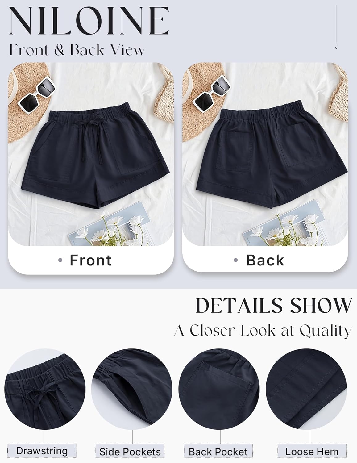 Ladies Drawstring Casual Shorts Summer Elastic Waist Cotton Shorts Loose Fit Short Pants with Pocket(1-Navy Blue,X-Large) - Image 5