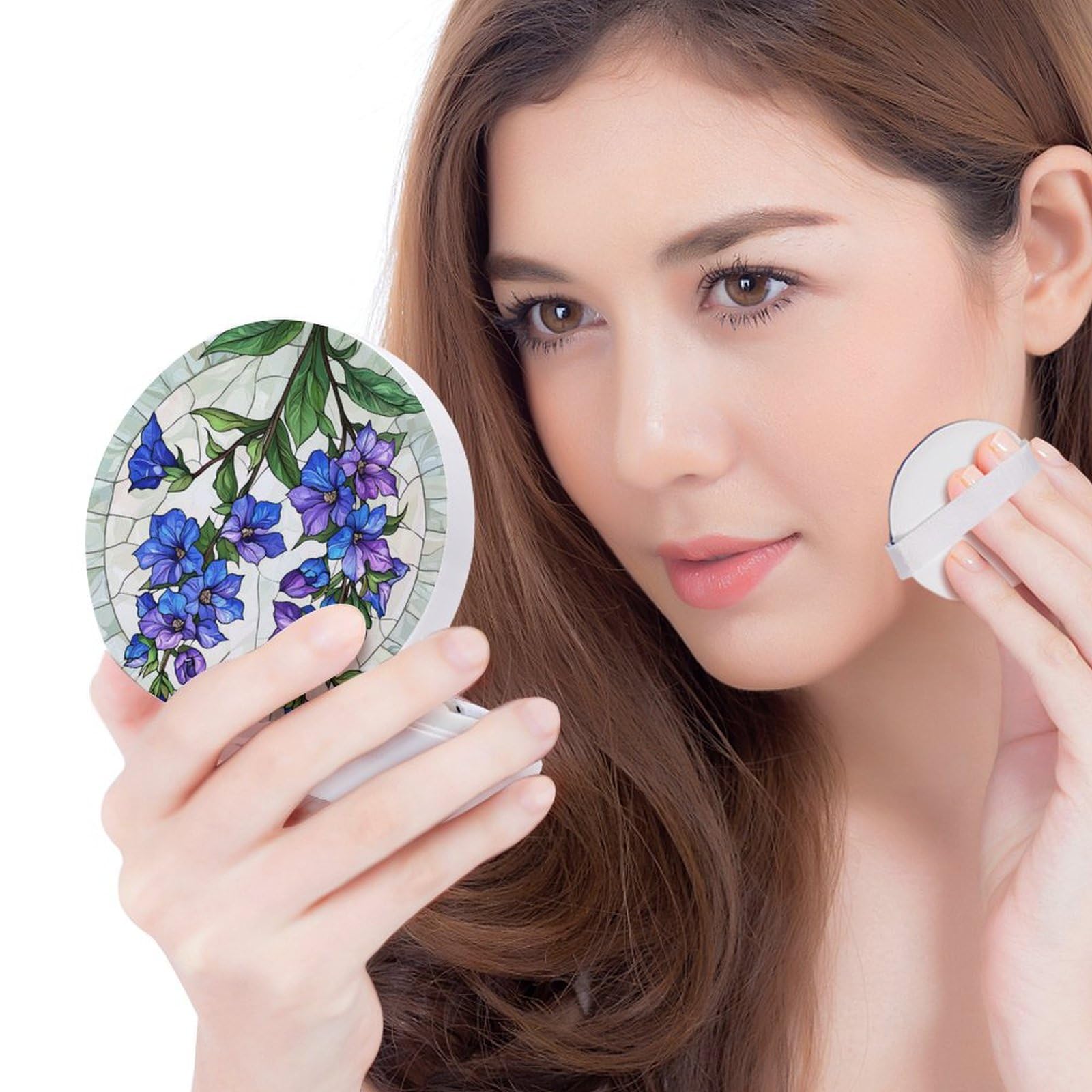 Hayyett Larkspur Flower Stained Glass Air Cushion Puff Box Portable Cosmetic Makeup Case Container,Loose Powder Foundation Container