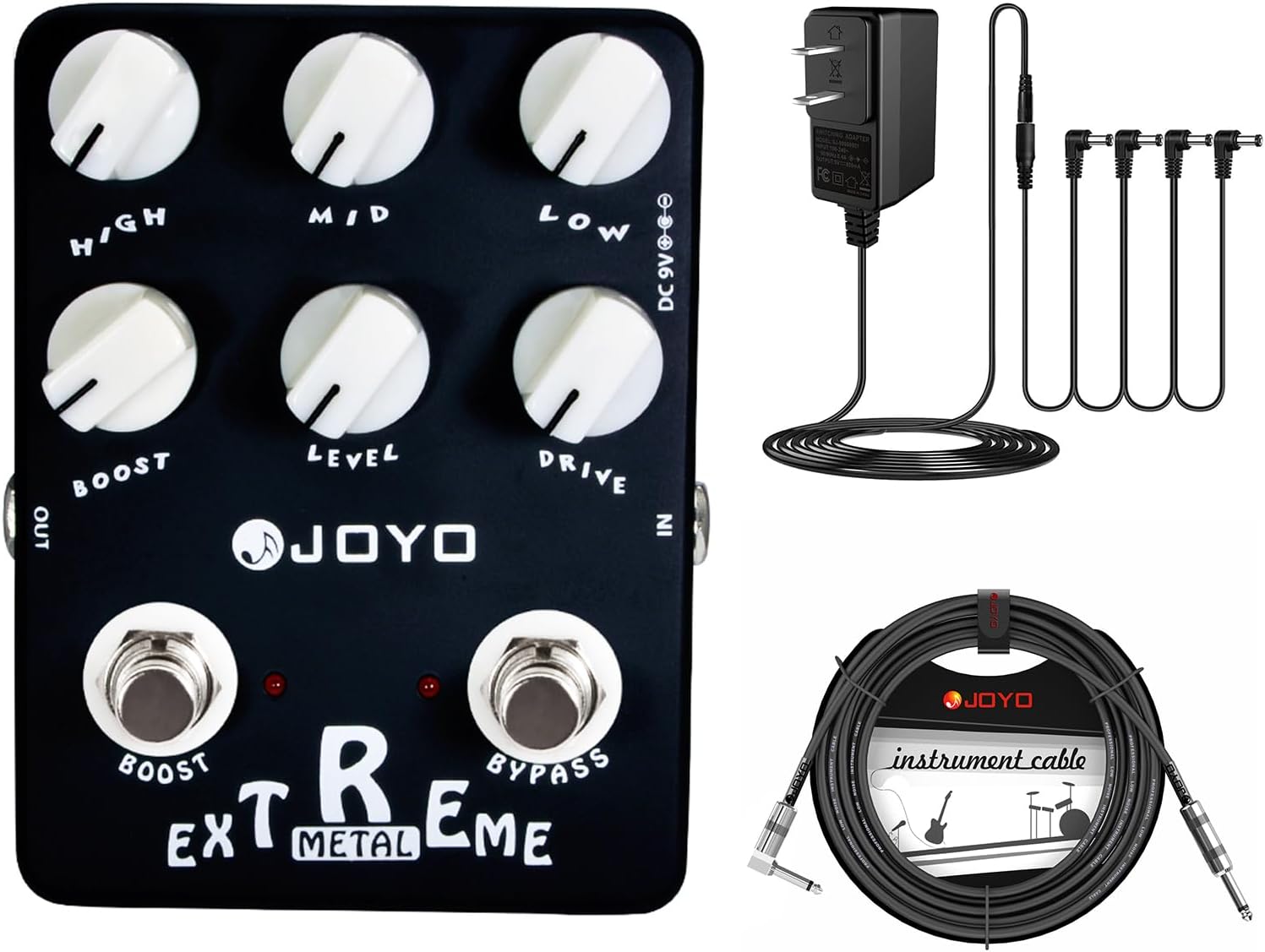 JOYO JF-17 Extreme Metal Distortion Pedal Bundle with DC 9V Power Supply (800mA -1A) AC Adapter & CM-12 Mono 6.35mm 15 Feet Cable