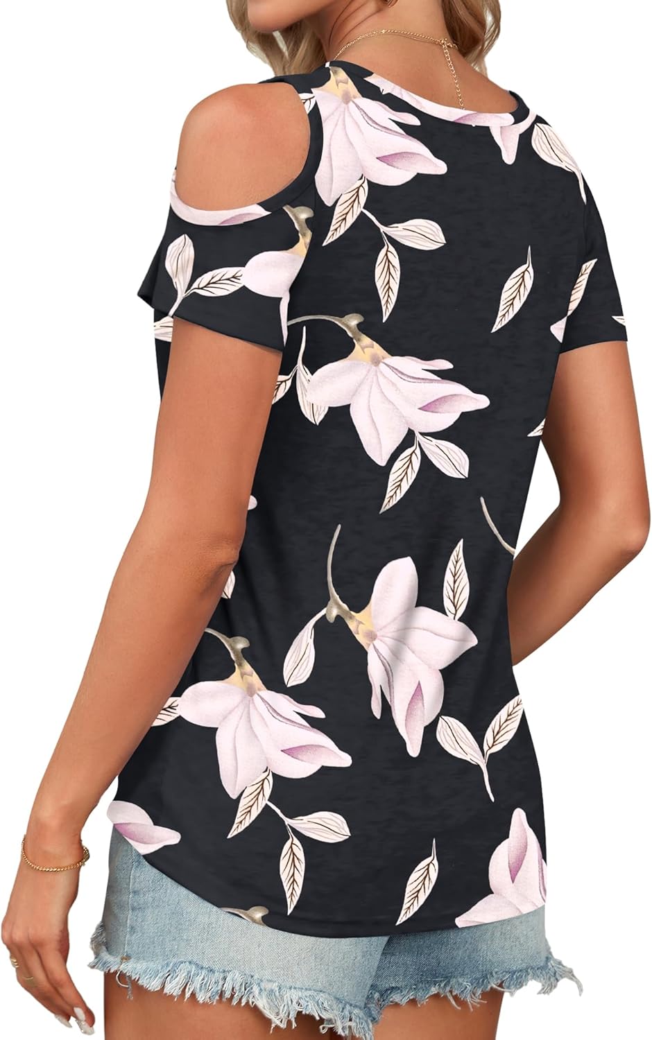 AUSELILY Womens Summer T Shirts Casual Ladies V Neck Tops Short Sleeve Cold Shoulder Loose Fit Blouse - Image 4