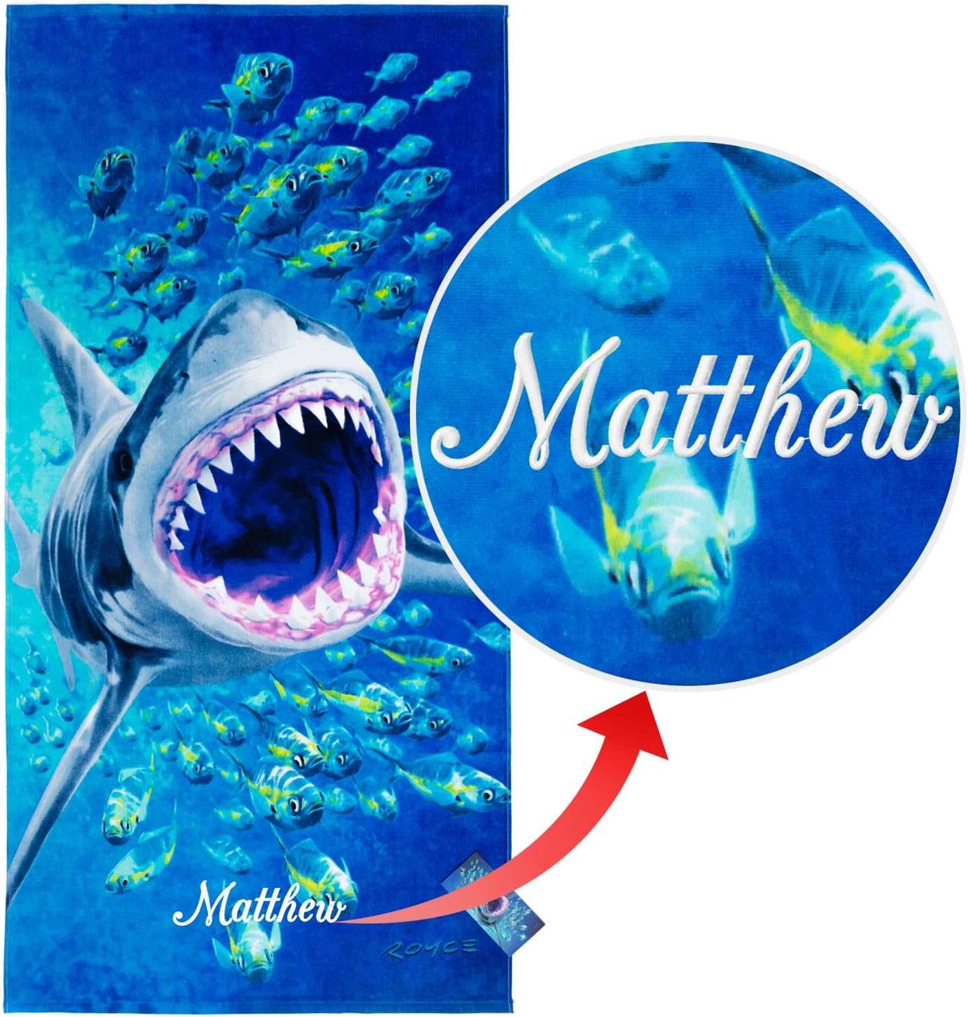 Extreme Shark Custom Beach Towel 30 x 60 inch 100% Cotton - Design by Royce - Great White Shark Attack (One Personalized Towel)