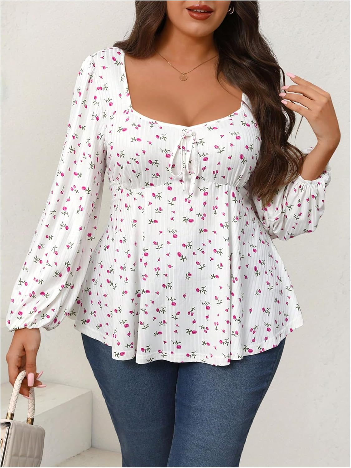 SOLY HUX Women's Plus Size Floral Peplum Tops Square Neck Long Sleeve Tie Front Ruffle Hem Tee Fall T Shirt - Image 5