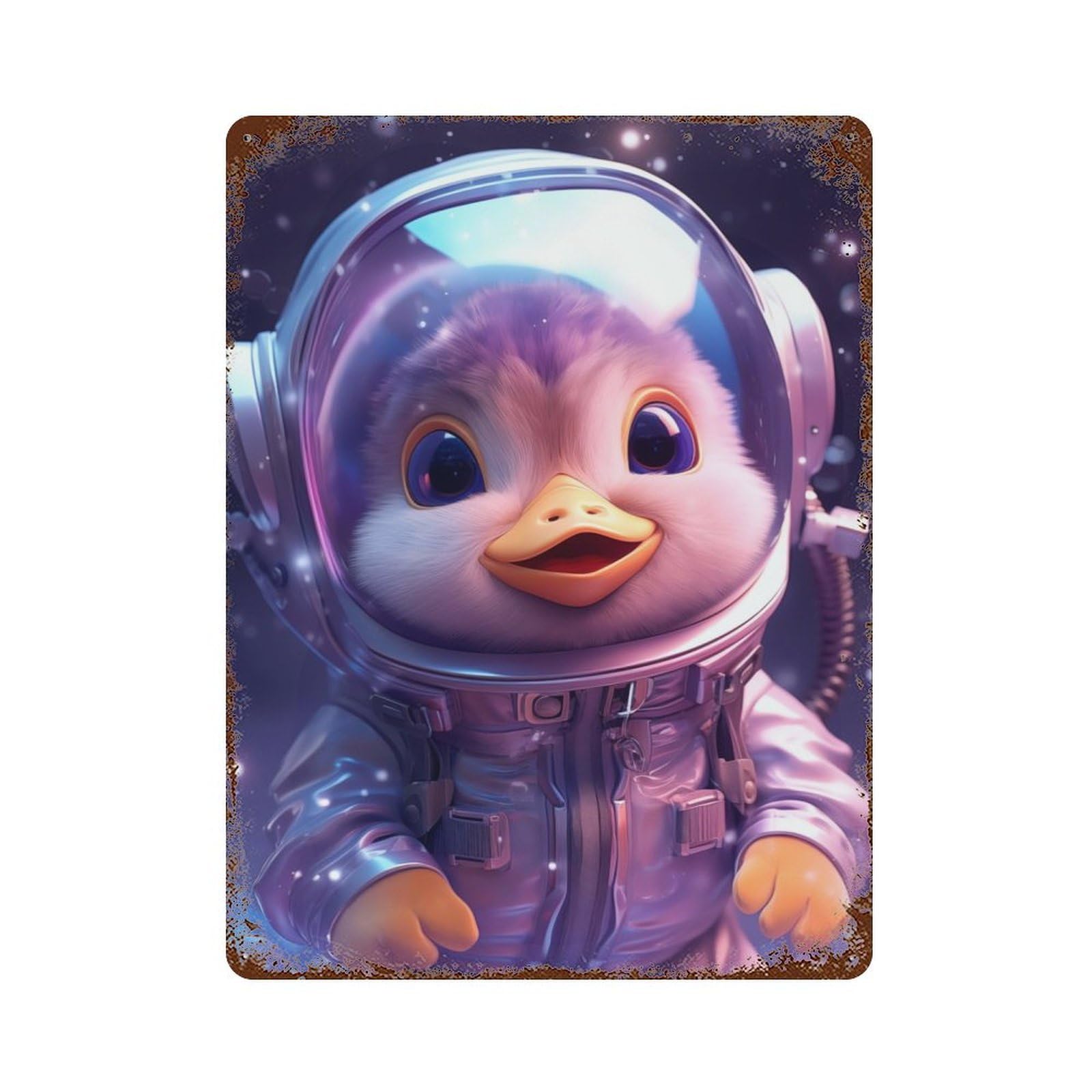 Space Baby Duck Vintage Wall Sign 15.7"x11.8", Rust Effect Metal Decor for Office, Studio And Wall Decor