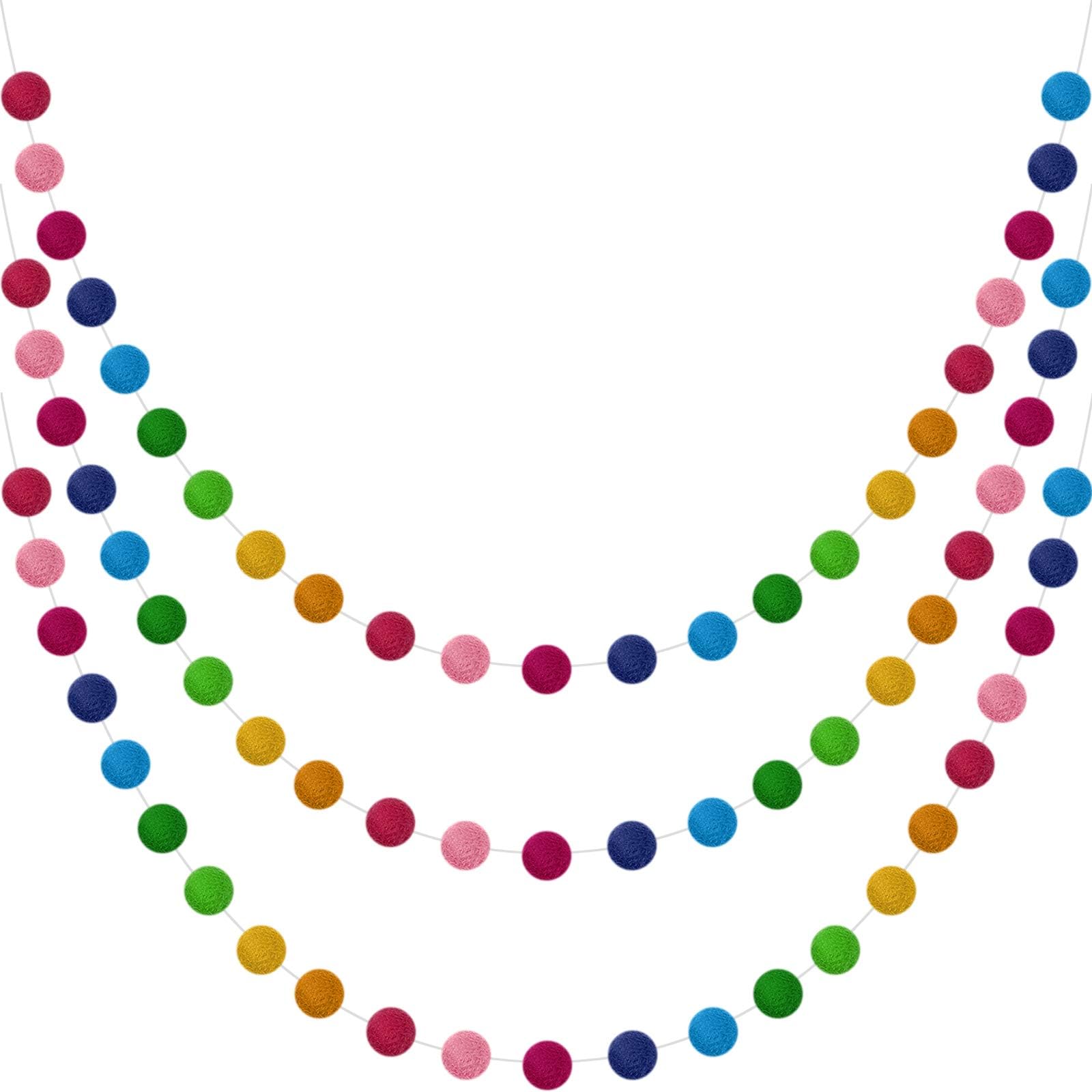 3 Pieces Wool Felt Ball Garland Colorful Pom Pom Garland Handmade 6.5 Feet Long 24 Balls Felt Banner for Wall Christmas Tree Decoration (Rainbow)