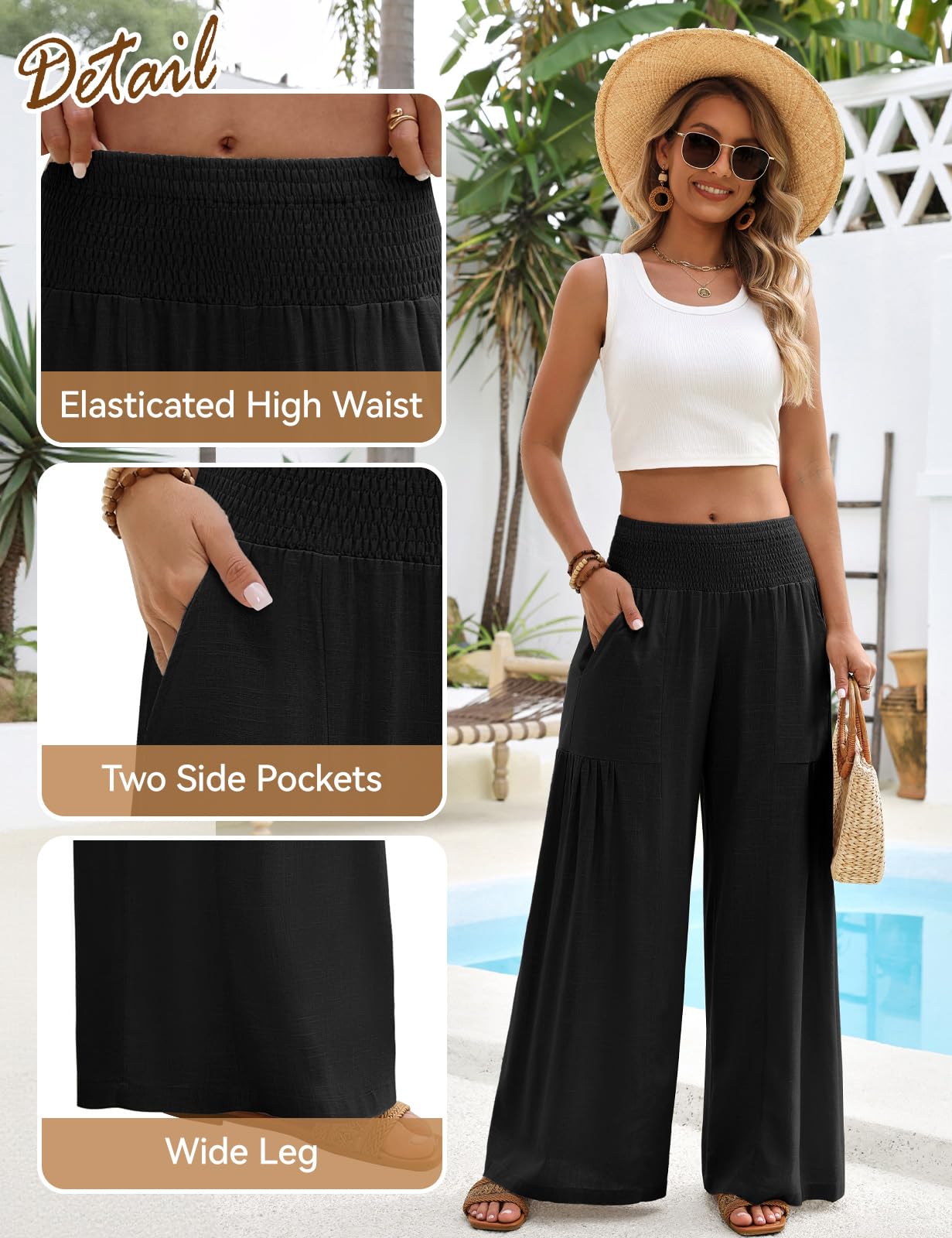 heekpek Pantaloni Lino Donna Estivi Leggeri Eleganti Pantaloni a Gamba Larga con Elastico in Vita Freschi Comodi Vita Alta Pantalone Largo con Tasche