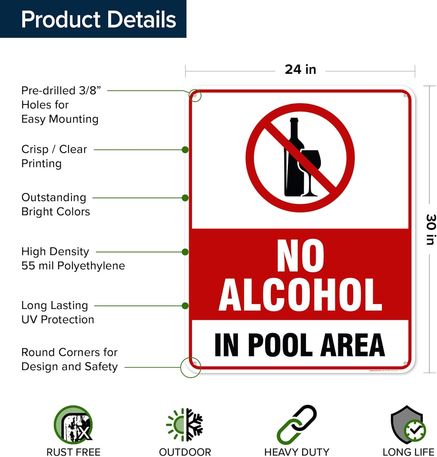 No Alcohol In Pool Area Sign, 24x30 Inches, 55 mil thick HDPE (high density polyethylene), Made in USA by My Sign Center