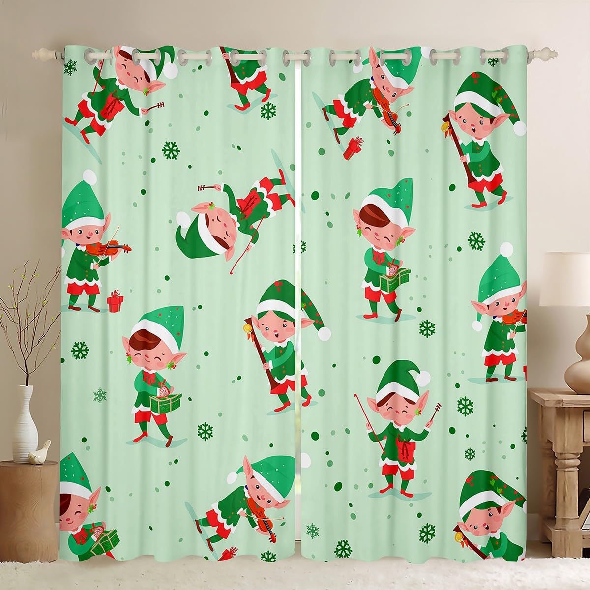 Feelyou Christmas Green Elf Curtains Merry Christmas Window Curtains for Bedroom Living Room for Kids Boys Girls Christmas Snowflake Window Drapes Xmas 30%-50% Blackout Curtains, 42W X 90L,2 Panels