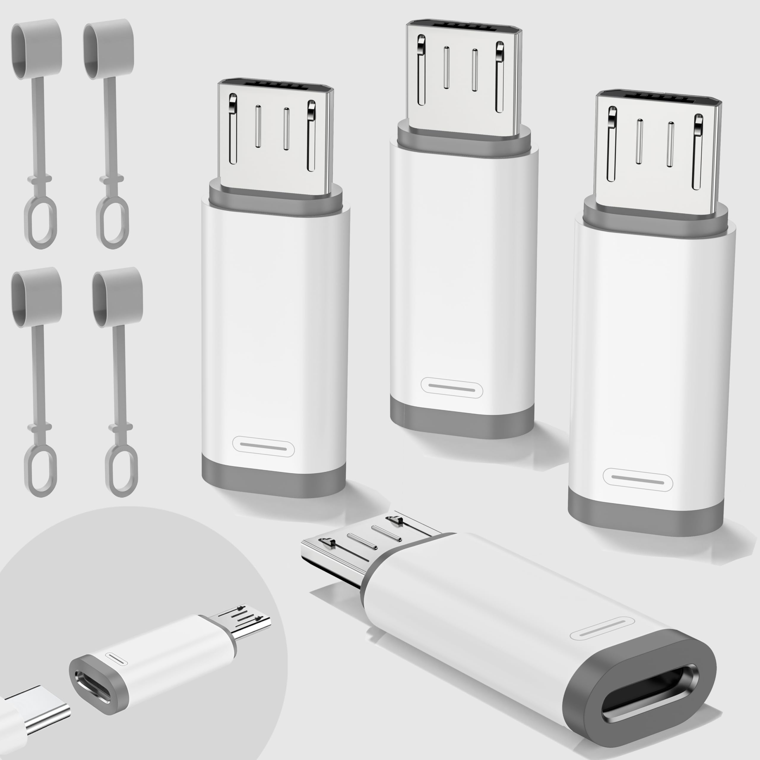 4-piece USB C to Micro adapter, supporting 18W fast charging and data transfer. The Micro to USB C adapter is suitable for Micro interface devices and does not support headphone and OTG functions