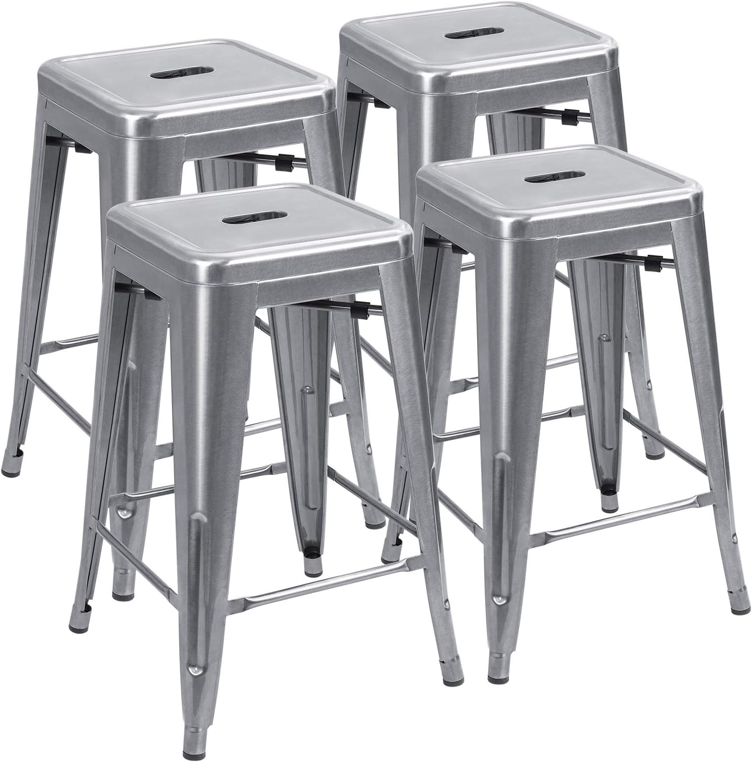 JUMMICO 24 Inches Metal Bar Stools Industrial Barstools Stackable High Backless Stools Vintage Indoor Outdoor Stackable Kitchen Stools Set of 4 (Silver)