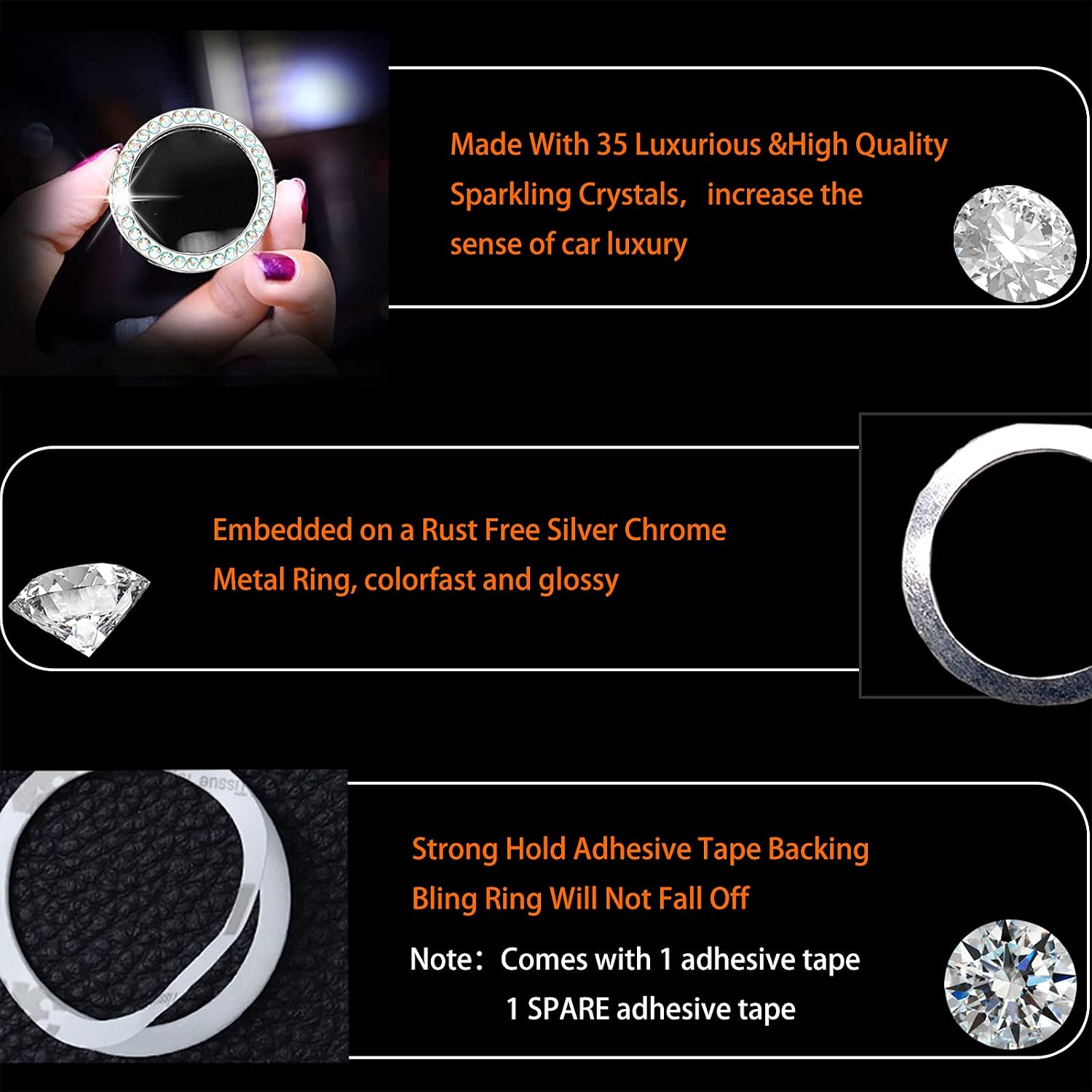 Anourney Colorful Bling Crystal Rhinestone Car Engine Ignition Button Ring, Emblem Sticker, Girly Car Interior Accessory Decoration for Push to Start Button Cover, AC Control Knob,Car Shift Cover