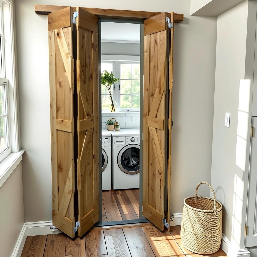 LUBANN 25.5 x 84 High Gloss Finished Rustic Alder Solid Wood Bifold Barn Door Assembled bi-fold barn Door Ready to Install bifolding Door Bifold Door Slab