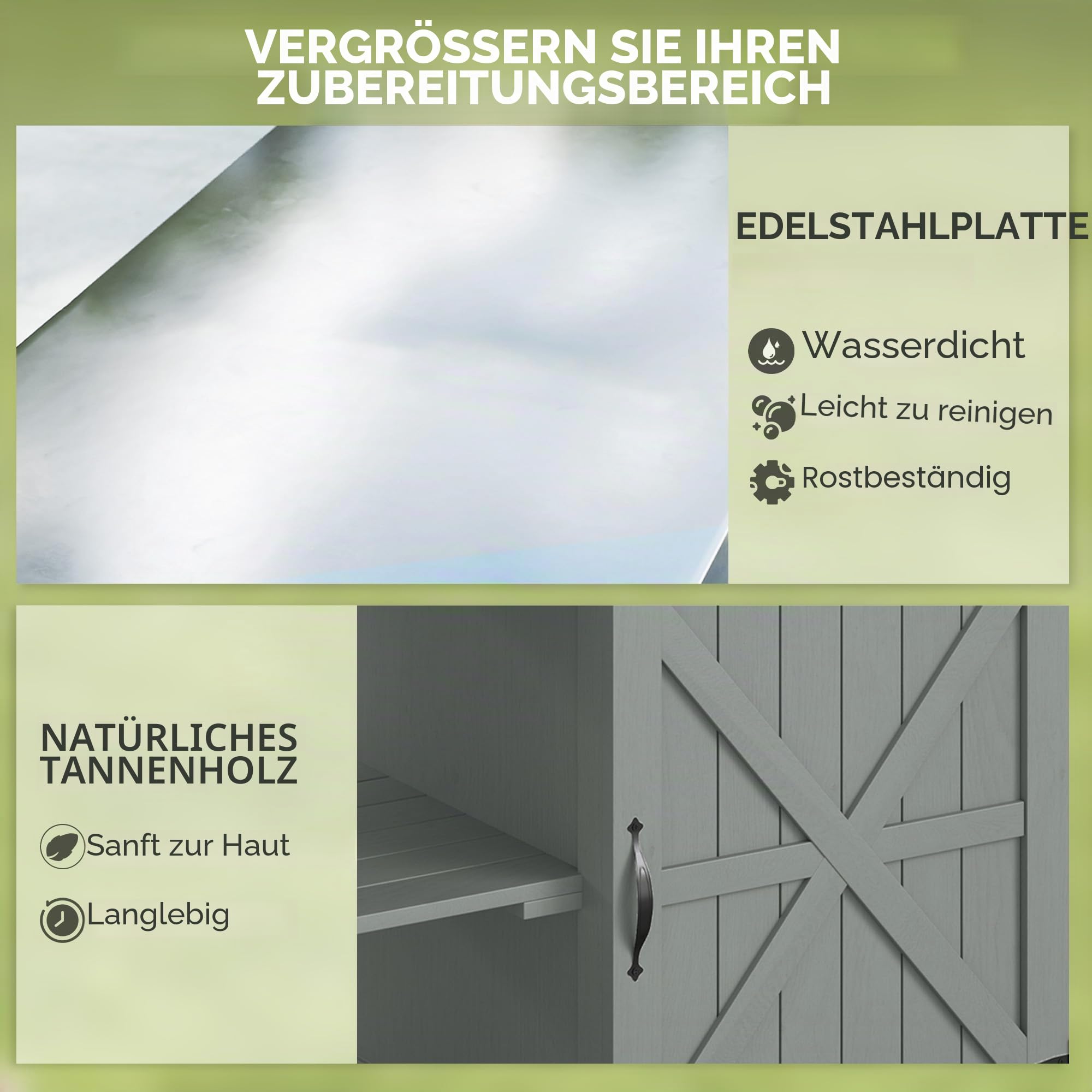 Outsunny Gartenwagen Grillwagen auf Rollen Kücheninsel aus Holz Edelstahlplatte Schrank offene Regale Gewürzhalter Handtuchhalter Flaschenöffner 107 x 49,5 x 92,5 cm grau