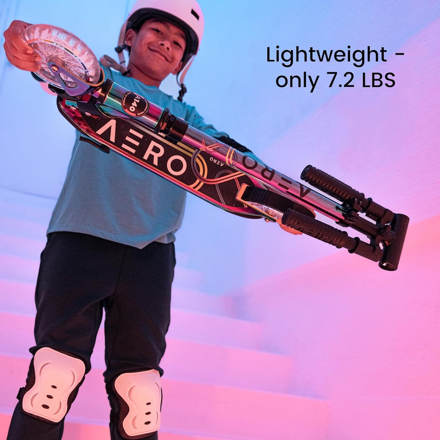 Image of a child riding the AERO MOBILITY scooter, demonstrating proper riding posture.