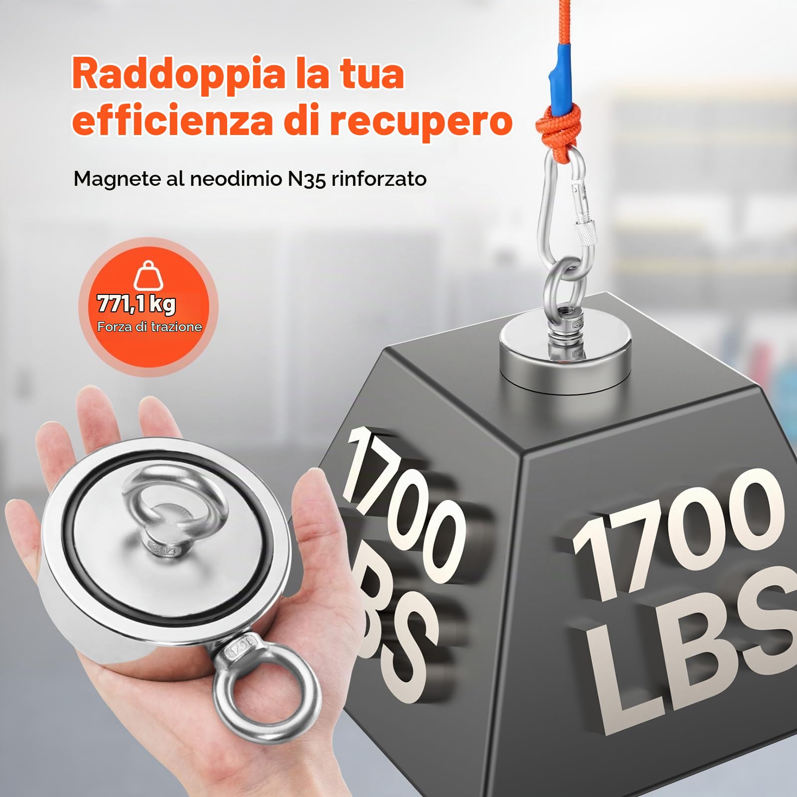 VEVOR Kit da Pesca con Magnete da 771 kg Kit da Pesca con Magnete Forte su Entrambi Lati, Kit da Pesca con Magnete al Neodimio N35 in Terre Rare Include Rampino, Corda Resistente, Guanti e Golfare