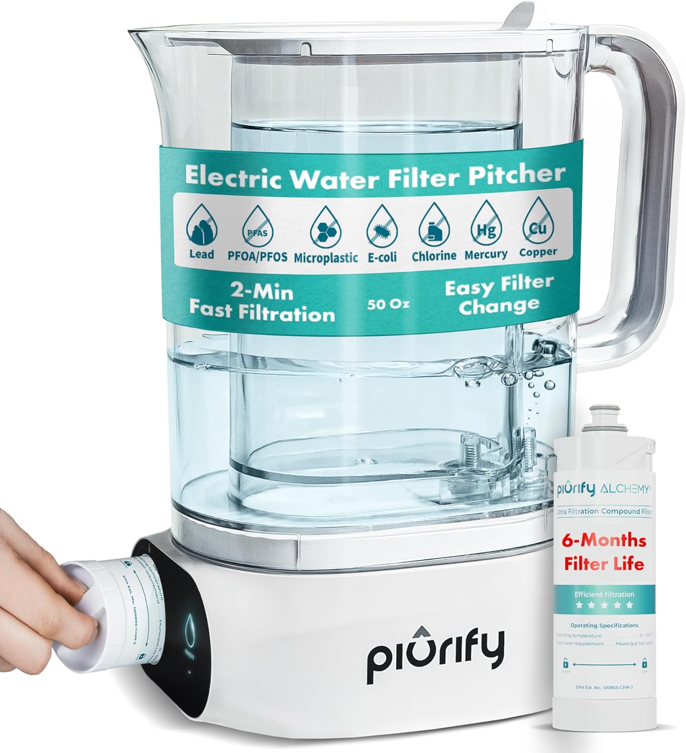 An electric water filter pitcher with a 6-month filter life.
