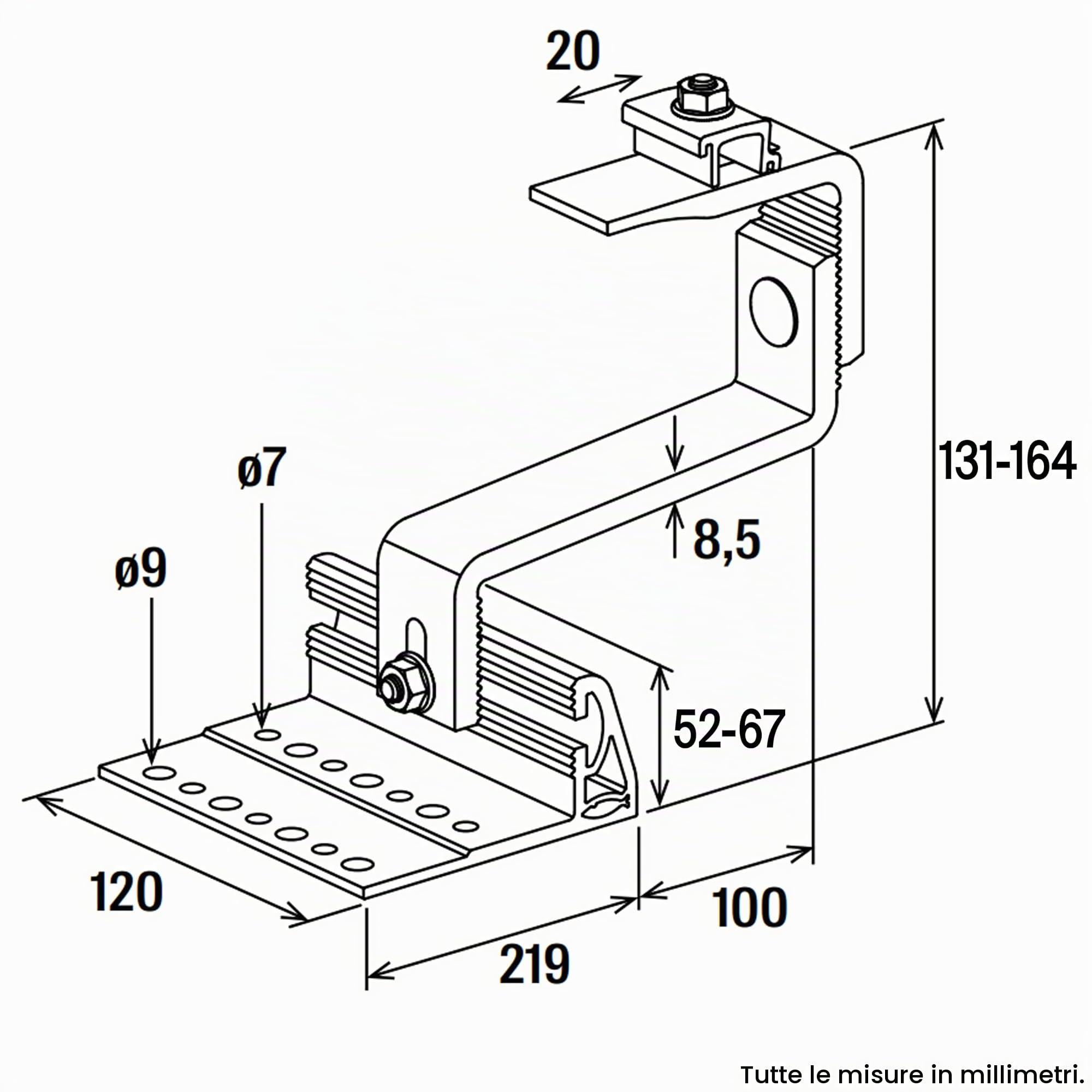 Fischer RH 52-67 HB AL 10x Ganci in Alluminio per Tetti di Tegole, 4 Regolazioni, Innesto Orizzontale, per Profili Pannelli Solari Fotovoltaici, 571747