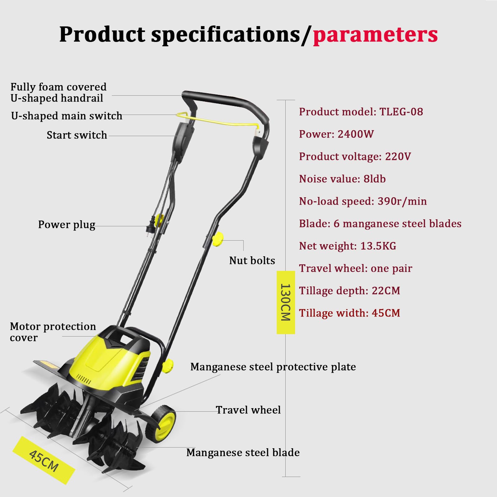 TYH Motobineuse Électrique, Scarificateur De Pelouse 2400 W, Motoculteur sans Fil, Houe Rotative Pliable À 6 Lames, Profondeur De Travail 22 Cm, Largeur 45 Cm, Motobineuse Silencieuse