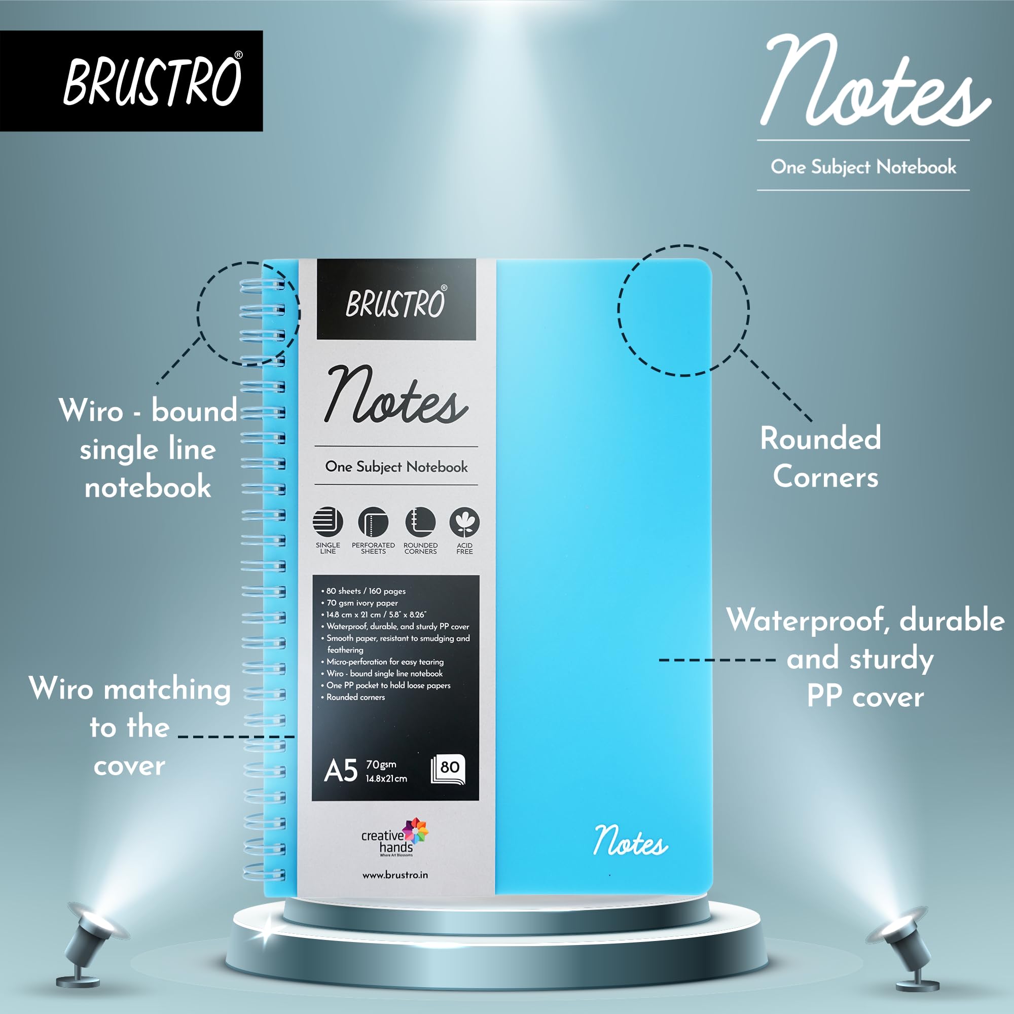 BRUSTRO Notas tamaño A5, cuaderno de 1 materia rayada, 80 hojas/160 páginas, papel marfil de 70 g/m², cubierta aguamarina, diseño encuadernado con alambre, esquinas redondeadas, hojas microperforadas