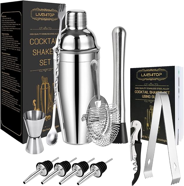 LIVEHITOP Cocktail Shaker Set, 12 Pieces Cocktail Making Set with 750 ML Cocktail Shaker Professional Bartender Kit for Bar, Party, Home