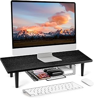 RUILALIFE Single Monitor Stand With Drawer For Desk, Wood Monitor Riser With Storage, Computer Stand For Desktop Monitor, Desktop Shelf Organizer For Laptop, TV Riser, Printer Riser Black
