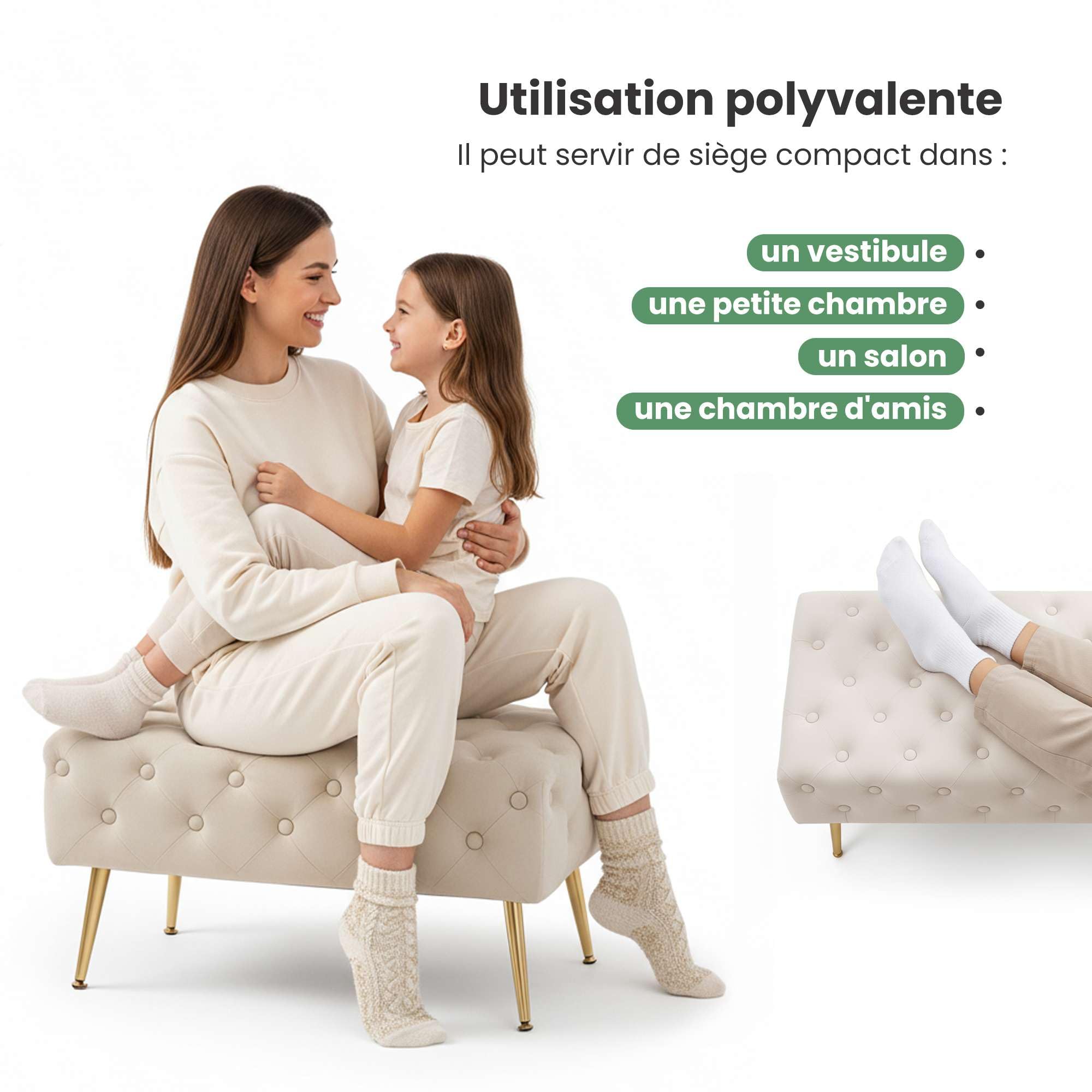AKORD Banc Banquette en Velours Capitonné Madrid 80 cm, Bout de lit Capitonnée, Piètement Métal Doré, Repose-Pieds, 80 x 41 x 42 cm, pour Entrée Salon Chambre à Coucher, Beige