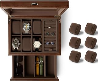 TAWBURY Bayswater 6 Watch Jewelry Box (Brown) with a Set of 6 X-Small Pillows to Fit 5.5-6.5" Wrists
