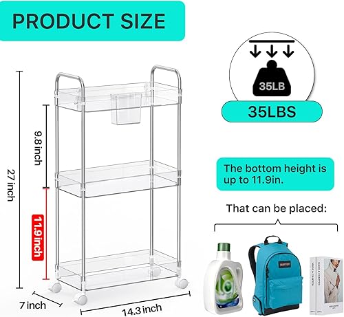 Miniatura 2 de SOYO Carrito de almacenamiento de acrílico de 3 niveles, organizador de carrito de baño transparente, estantería móvil de transparencia,
