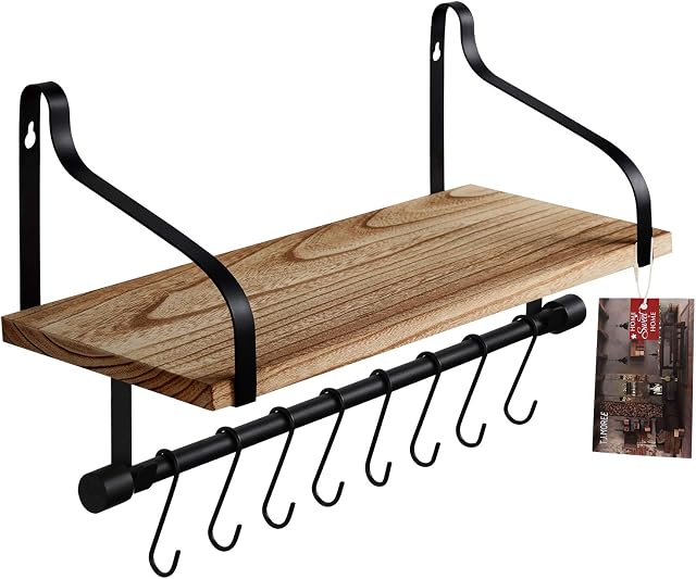TJ.MOREE Coffee Shelf Wall Mounted, Kitchen Shelf with 8 Hooks, Mugs Rack, Coffee Bar Shelf, Rustic Floating Storage Shelves Wall Decor