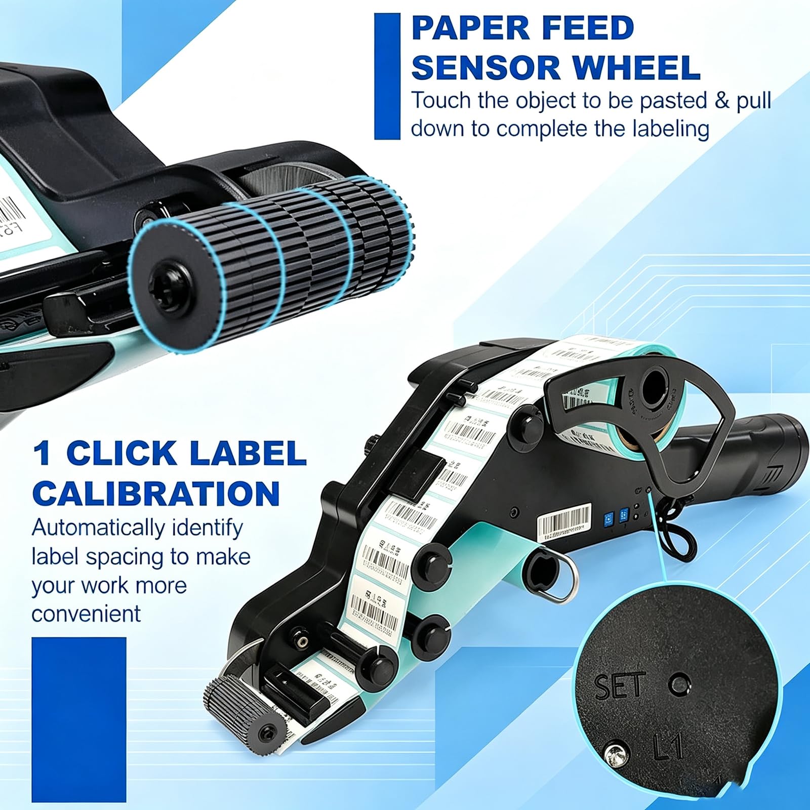 MObyat Etichettatrice Manuale, Dispenser Automatico di Etichette con Sensore di Alimentazione Carta, Larghezza Etichetta 15-80 Mm, Durata Batteria 16 Ore, per Vendita al Dettaglio E Magazzino.