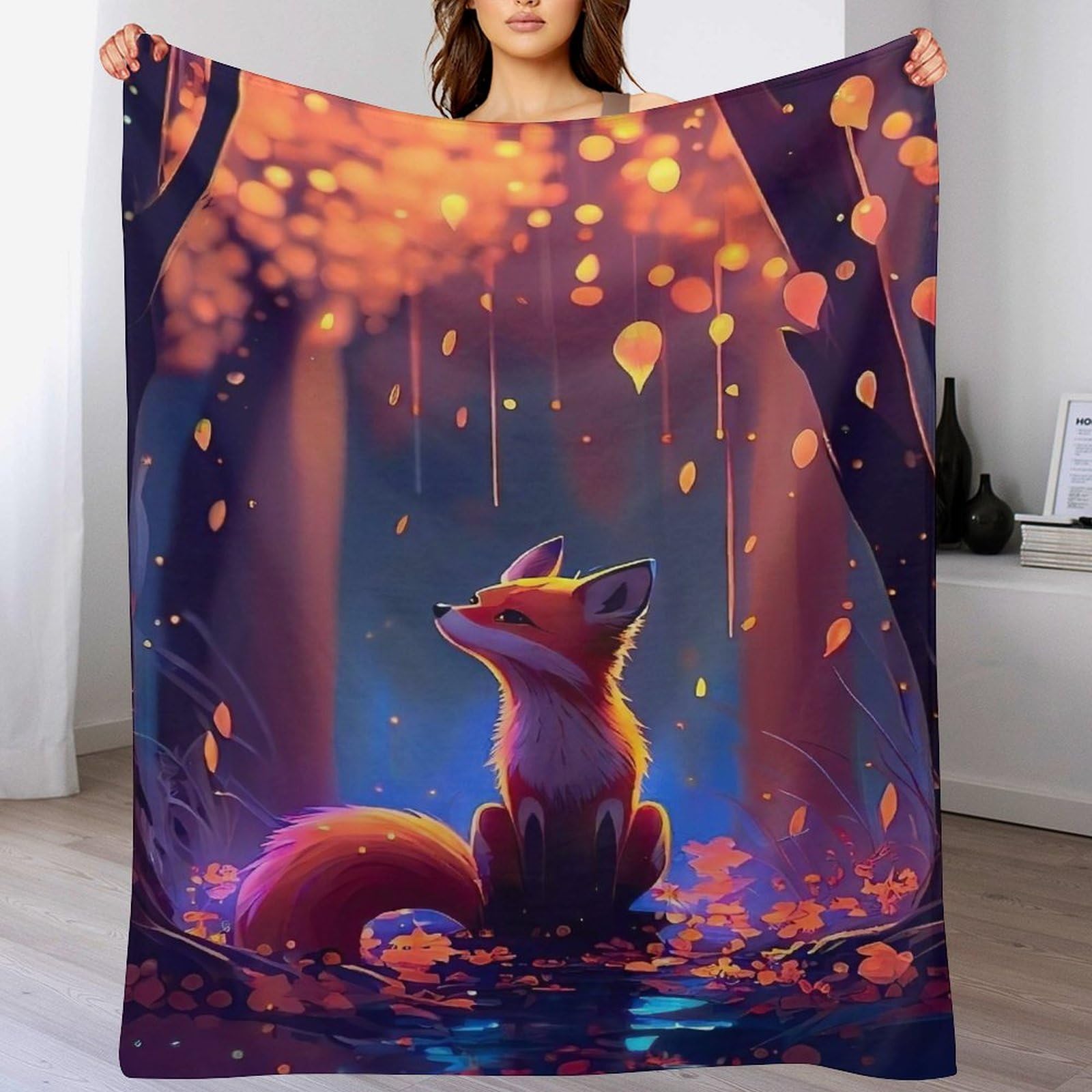 Couverture Polaire Renard en Flannel Épaisse Douce Chaud pour Canapé 100x130cm